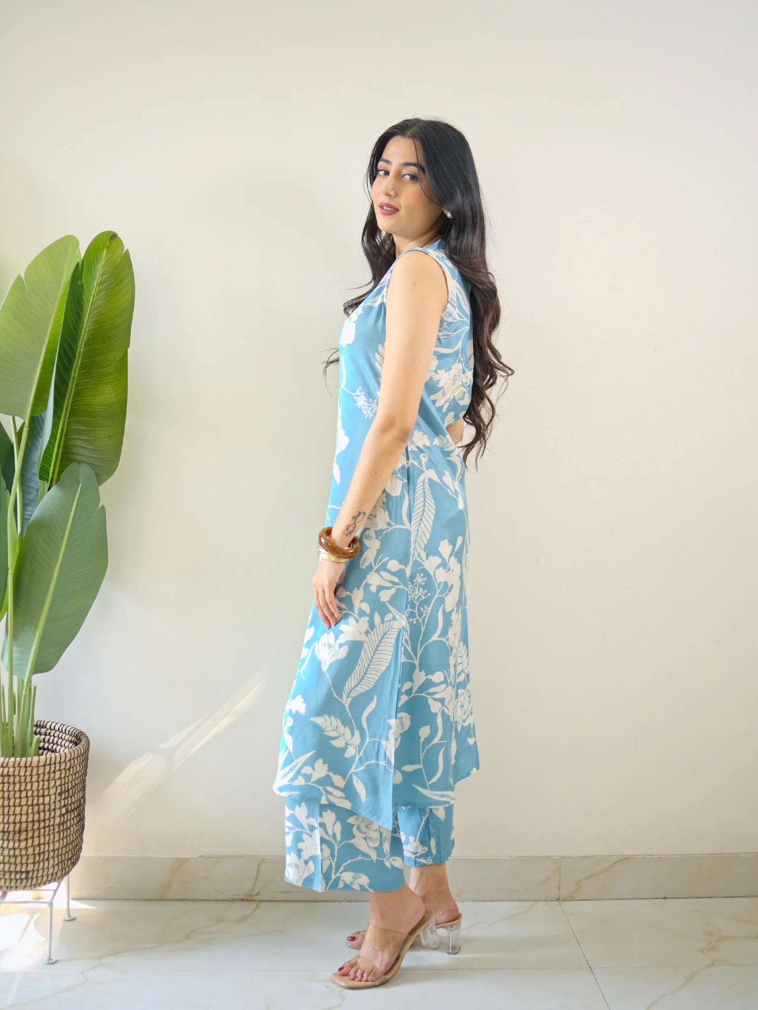Masha Silk Crystal Floral Coord Set Blue - Image 3
