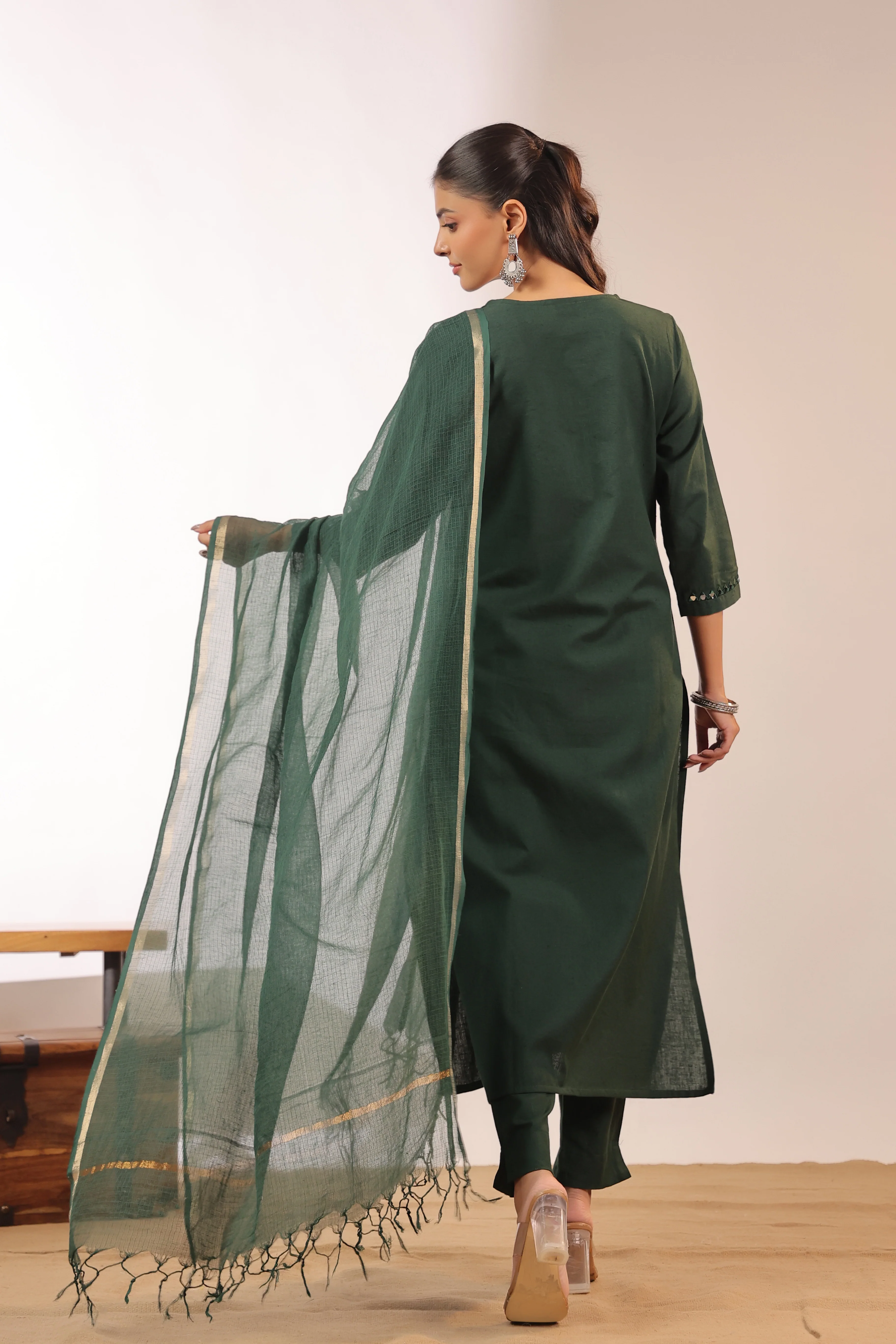 Mirror Embroidered Cotton Solid Color Pant Set - Image 11