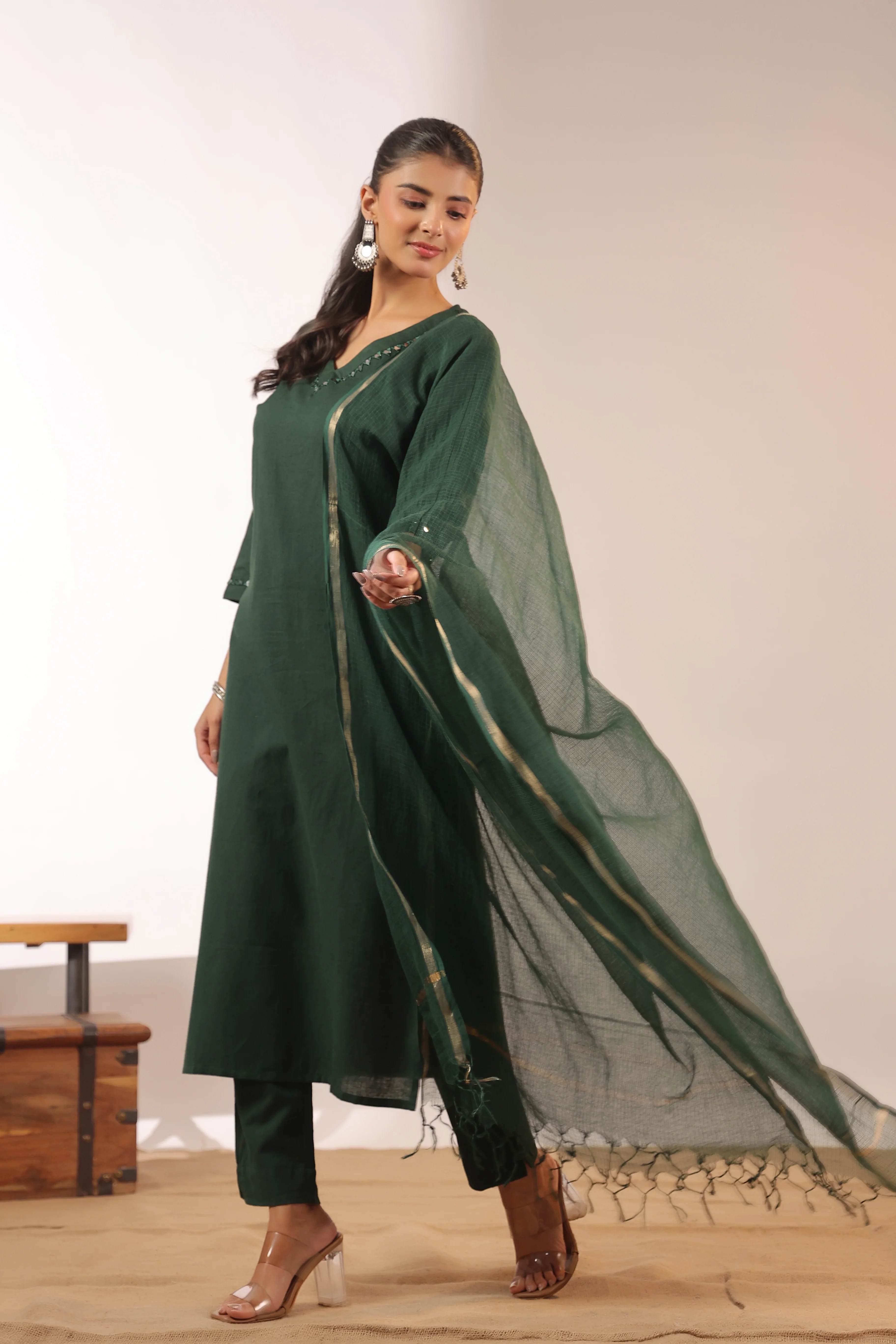 Mirror Embroidered Cotton Solid Color Pant Set - Image 12