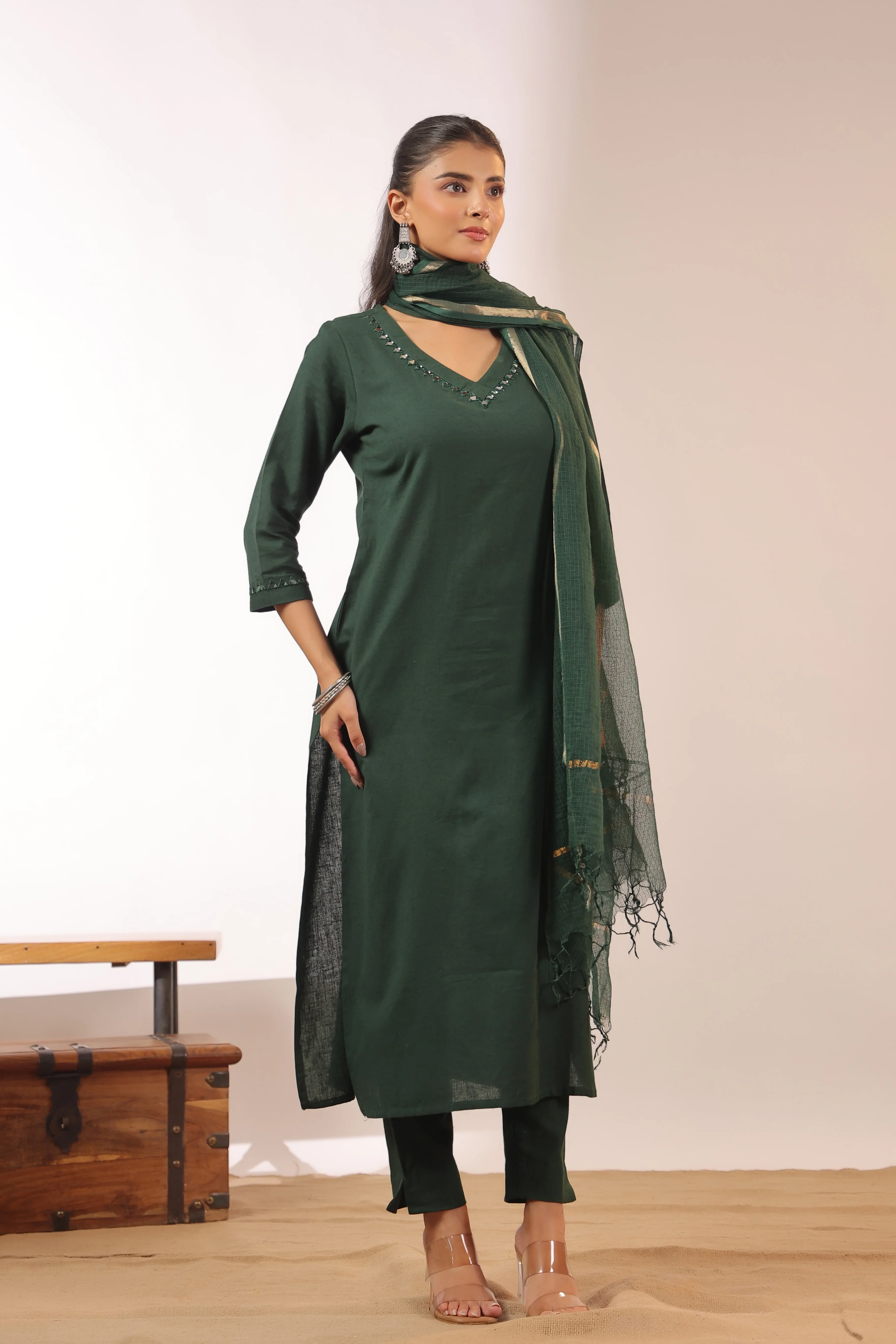 Mirror Embroidered Cotton Solid Color Pant Set - Image 13