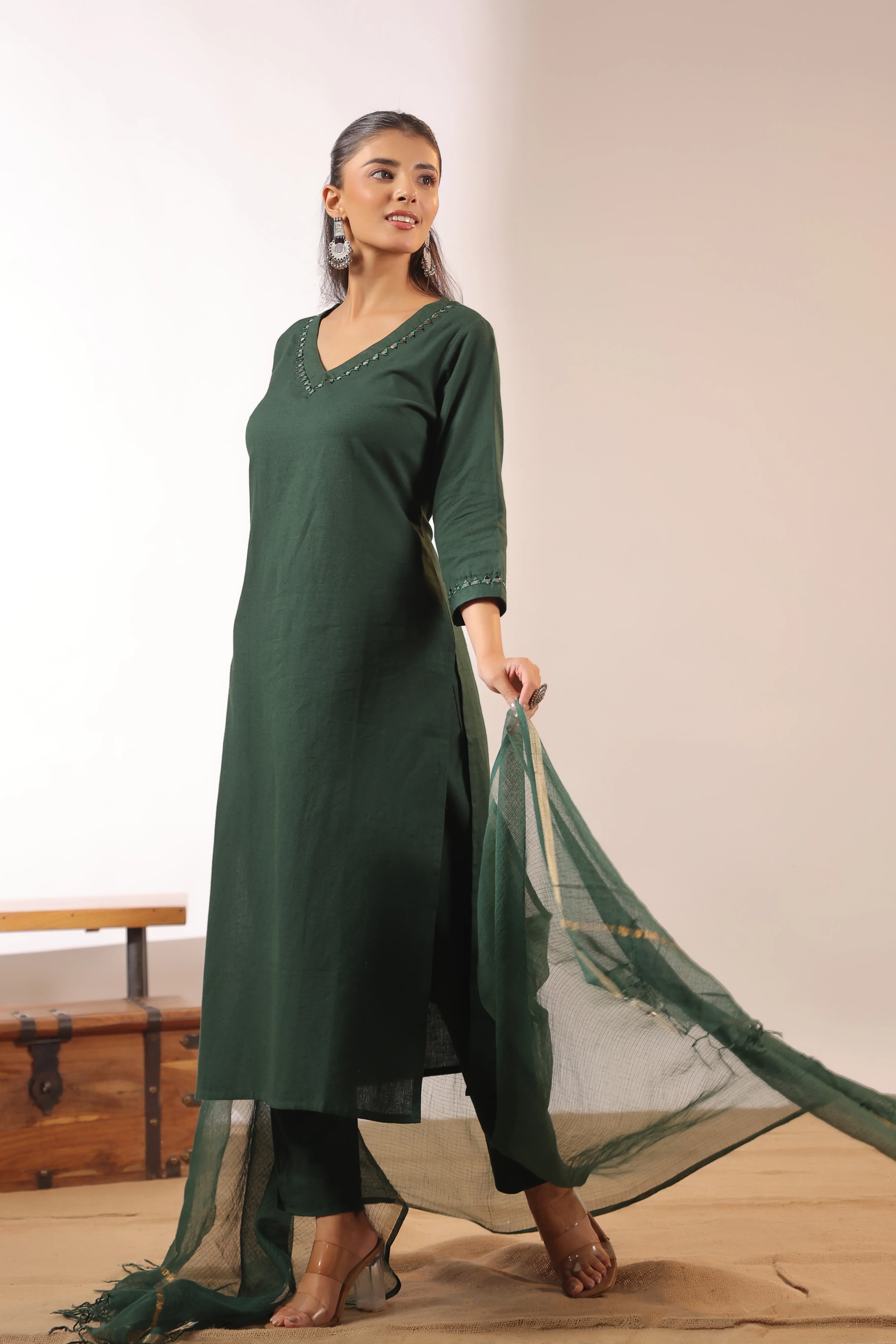 Mirror Embroidered Cotton Solid Color Pant Set - Image 14