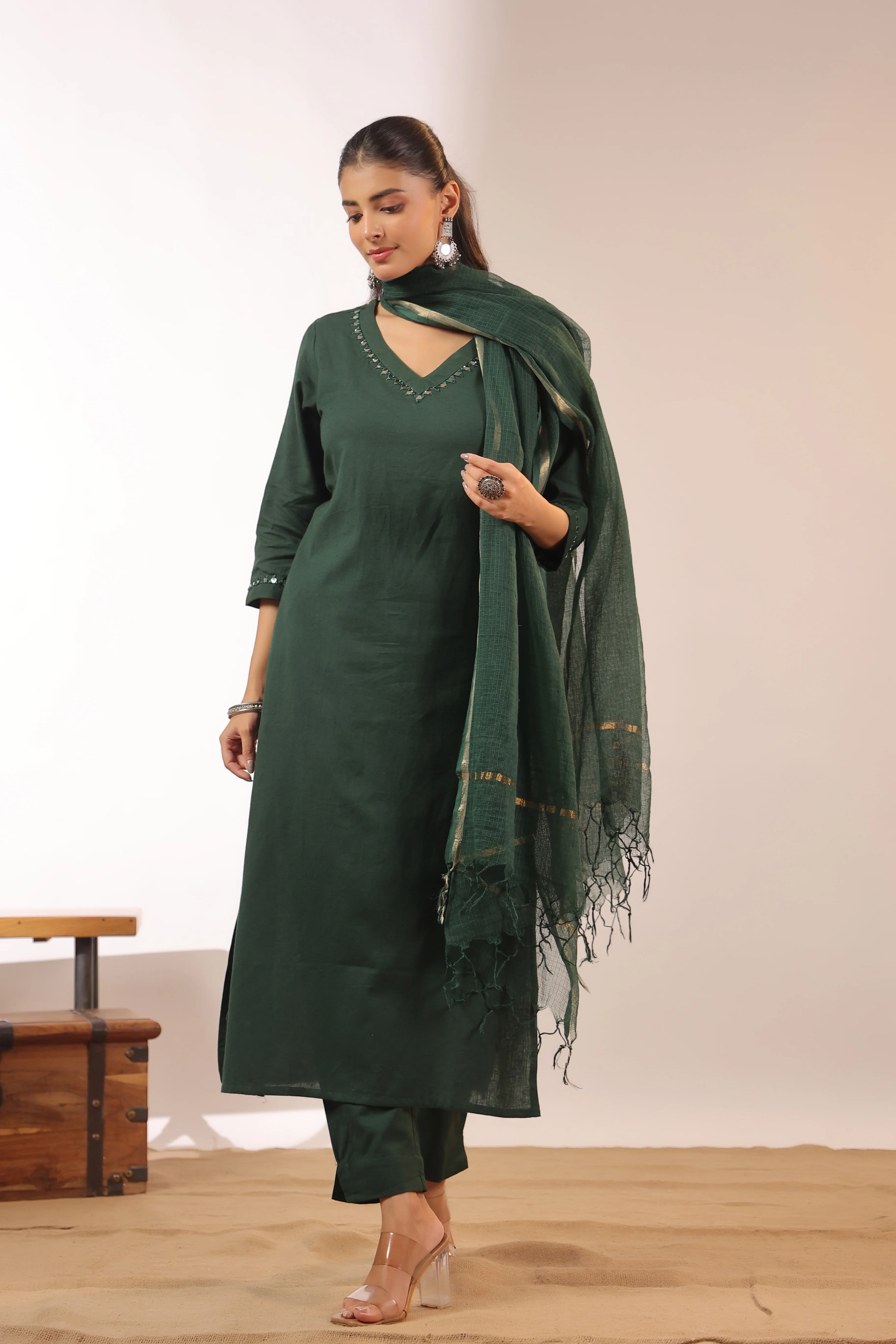 Mirror Embroidered Cotton Solid Color Pant Set - Image 3