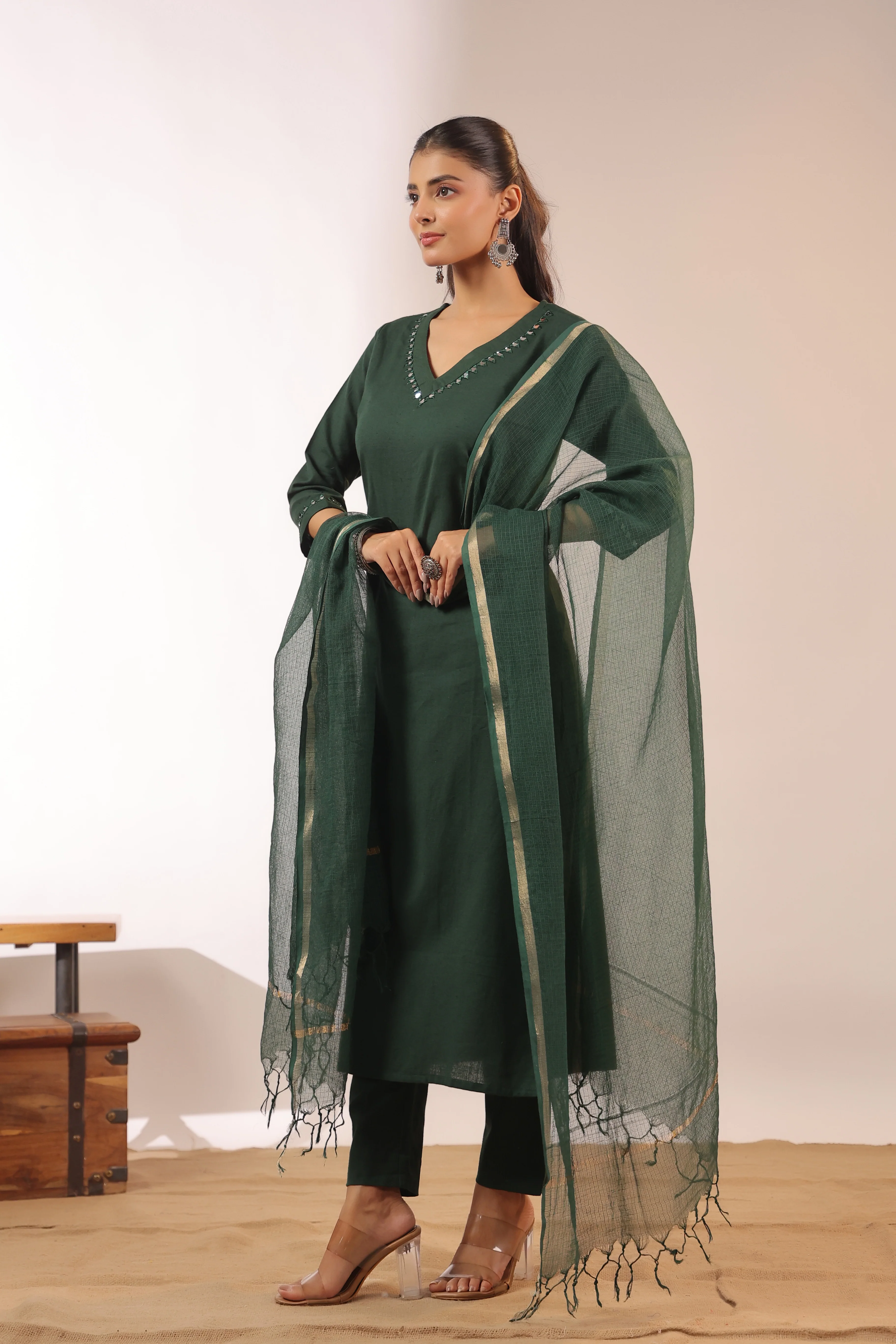 Mirror Embroidered Cotton Solid Color Pant Set - Image 4