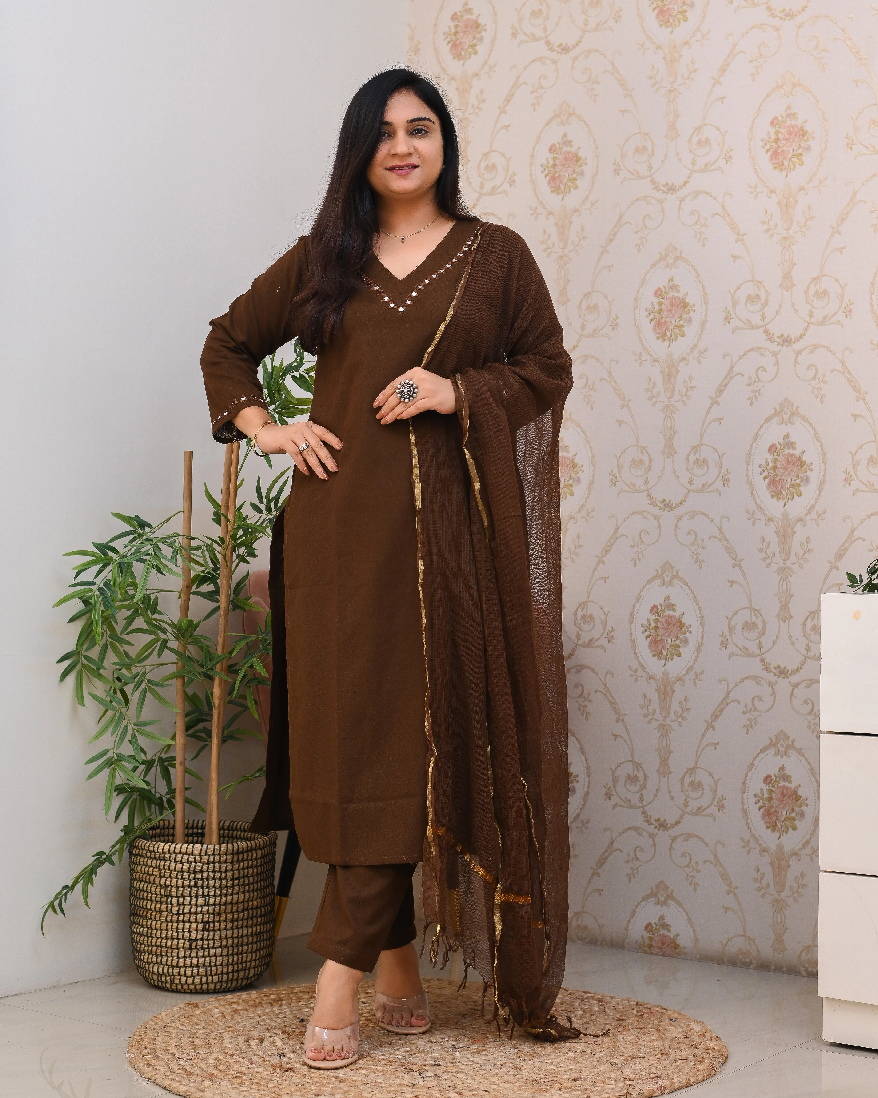 Mirror Embroidered Cotton Solid Color Pant Set - Image 7