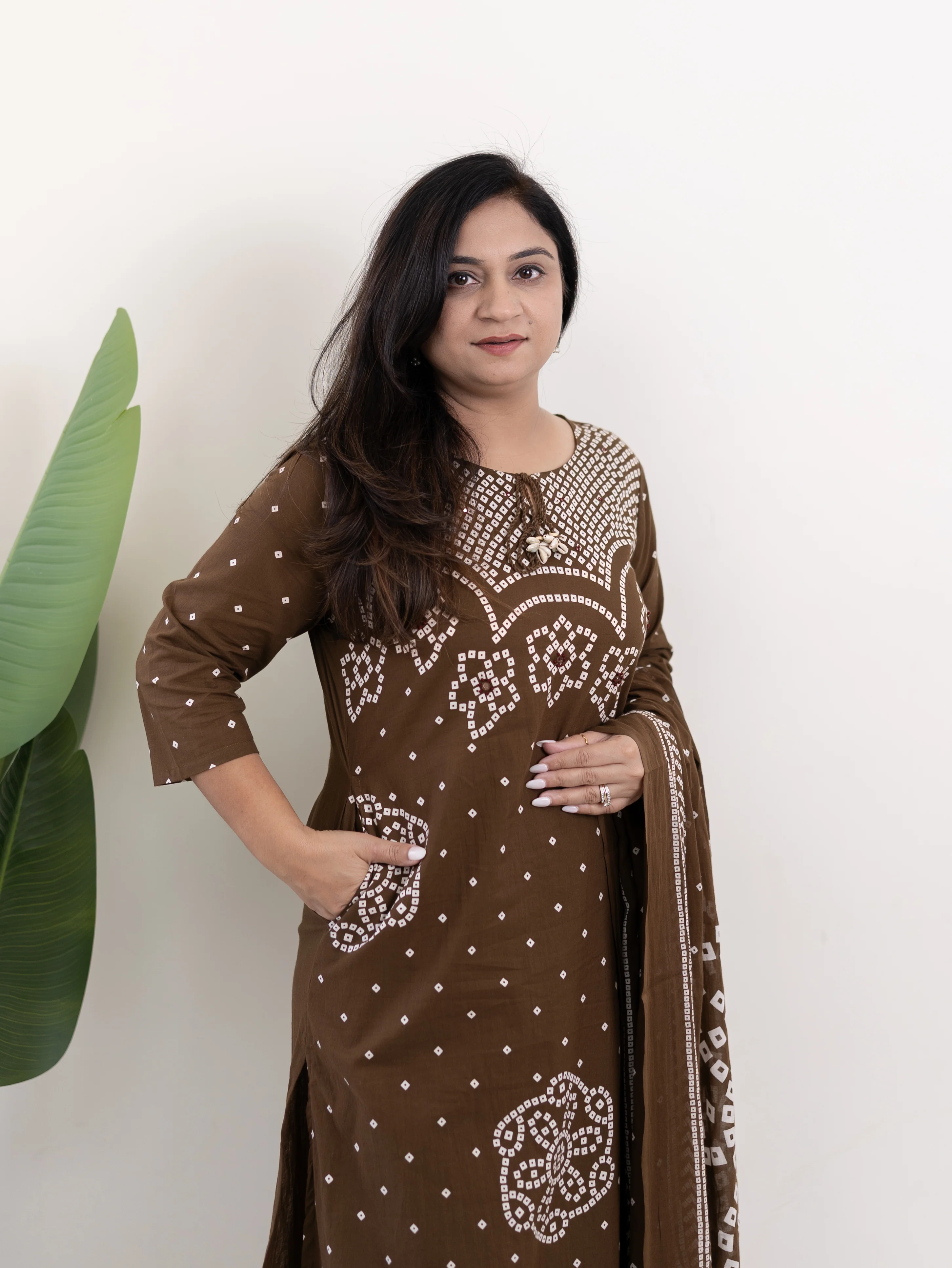 Mishi Brown Cotton Bandhani Straight Dupatta Set - Image 6