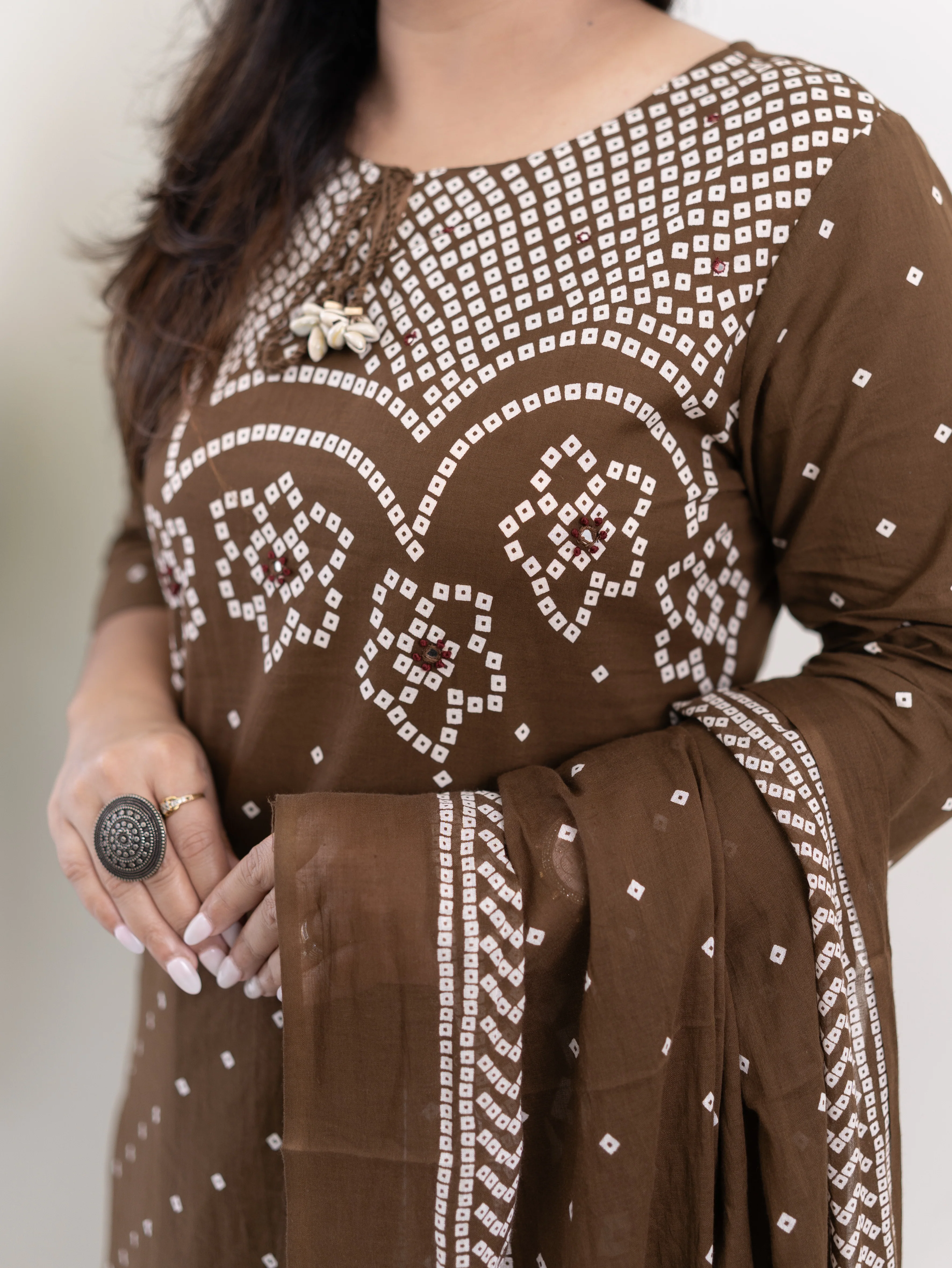 Mishi Brown Cotton Bandhani Straight Dupatta Set - Image 7