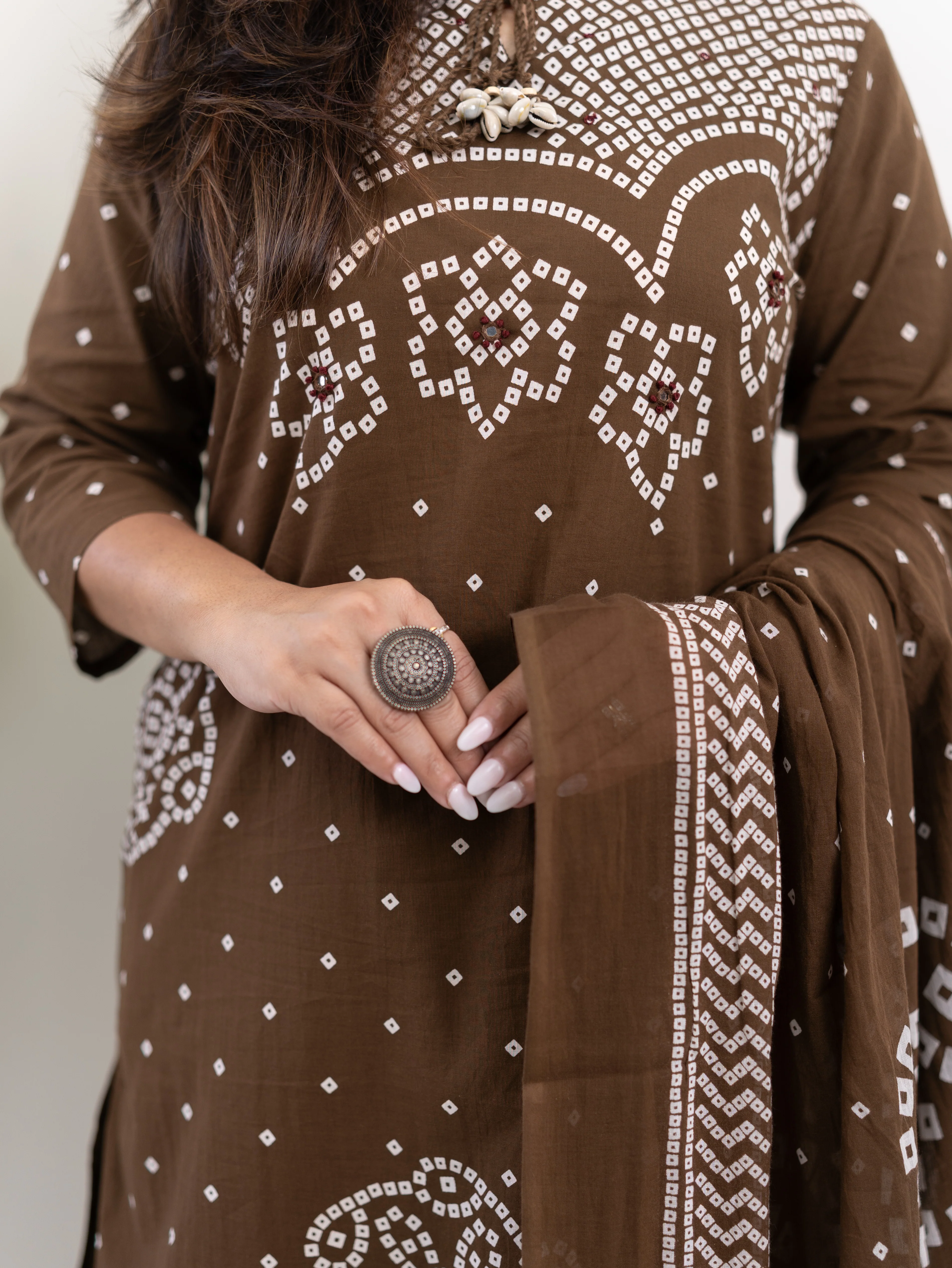 Mishi Brown Cotton Bandhani Straight Dupatta Set - Image 9