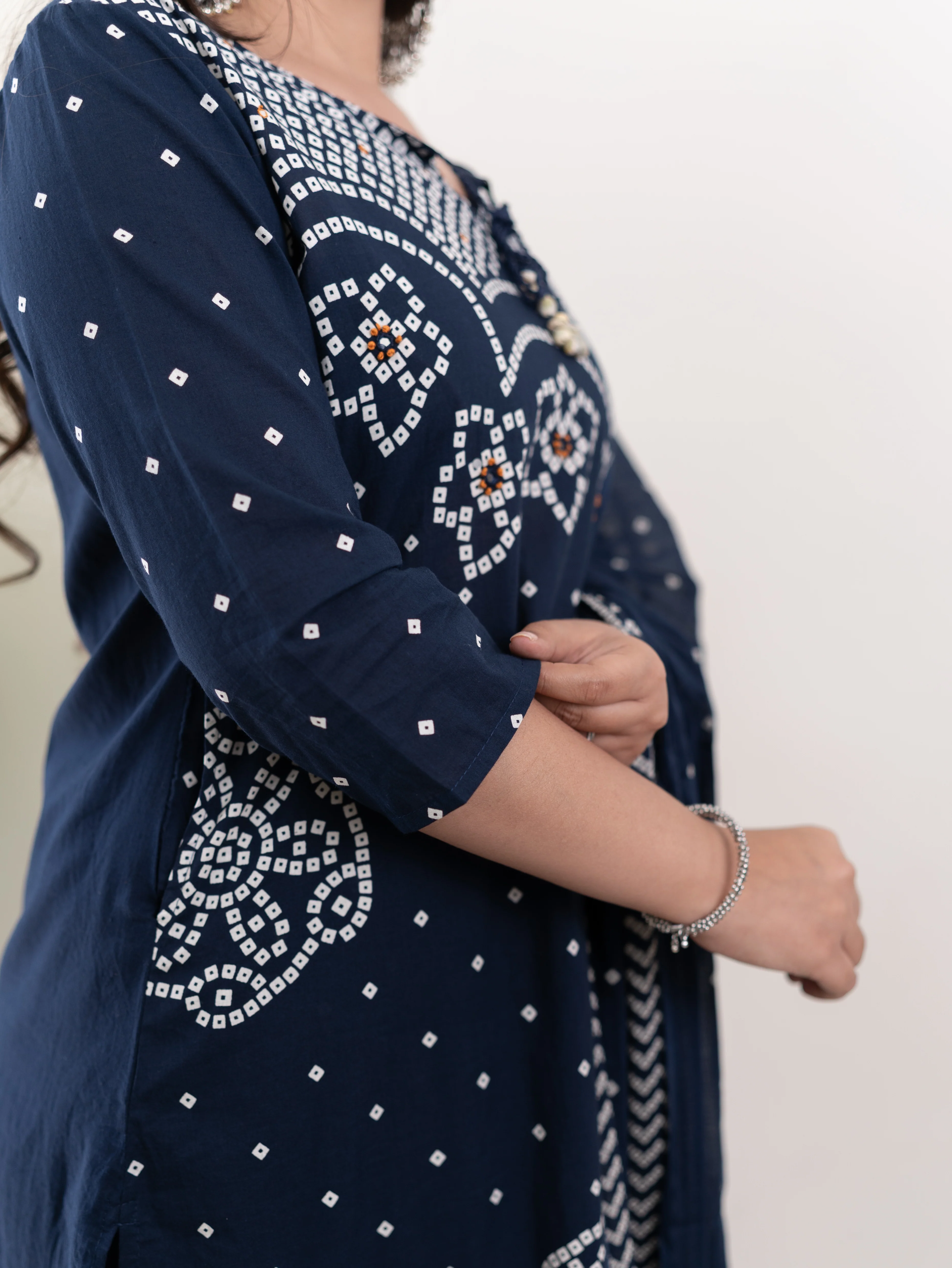 Mishi Navy Blue Cotton Bandhani Straight Dupatta Set - Image 10