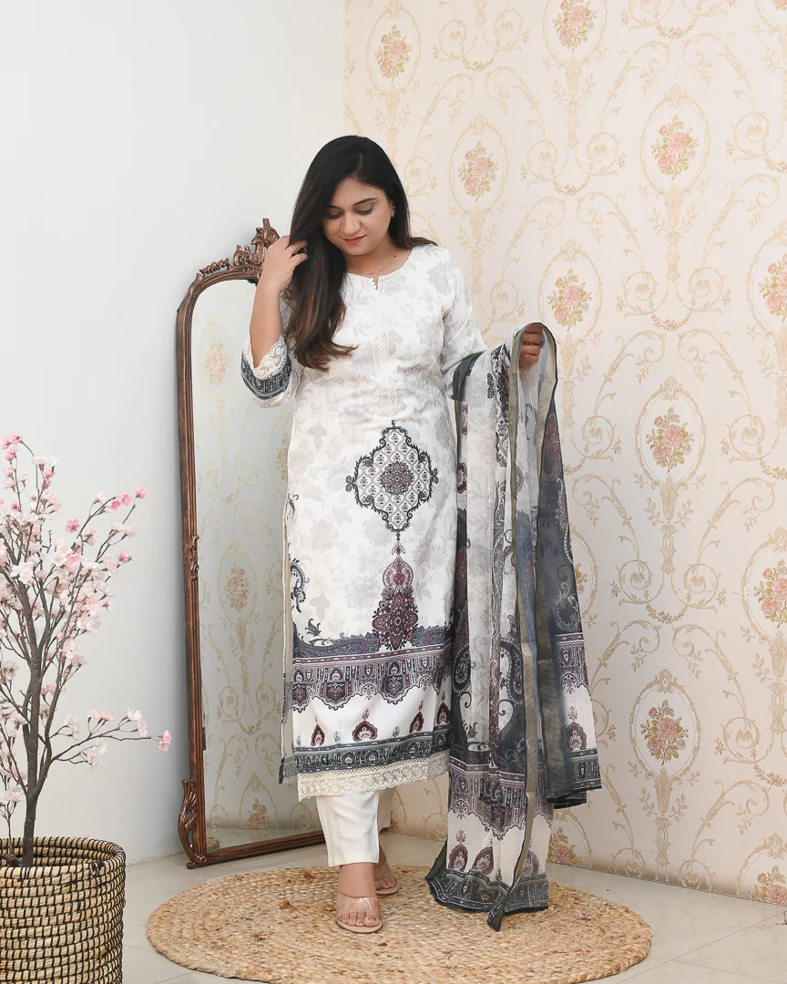 Mugal Print Cotton Embroidered Pant Set - Image 3
