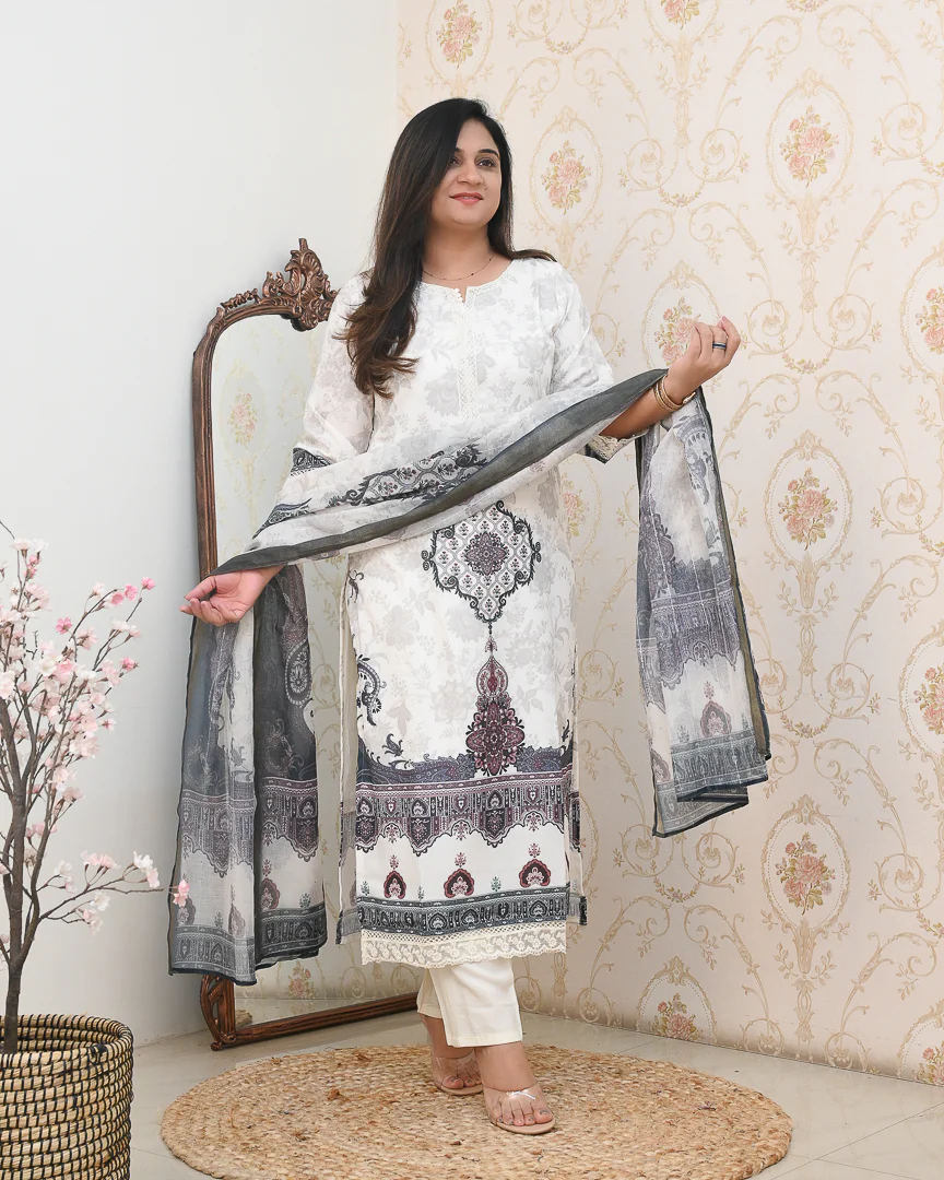 Mugal Print Cotton Embroidered Pant Set - Image 6