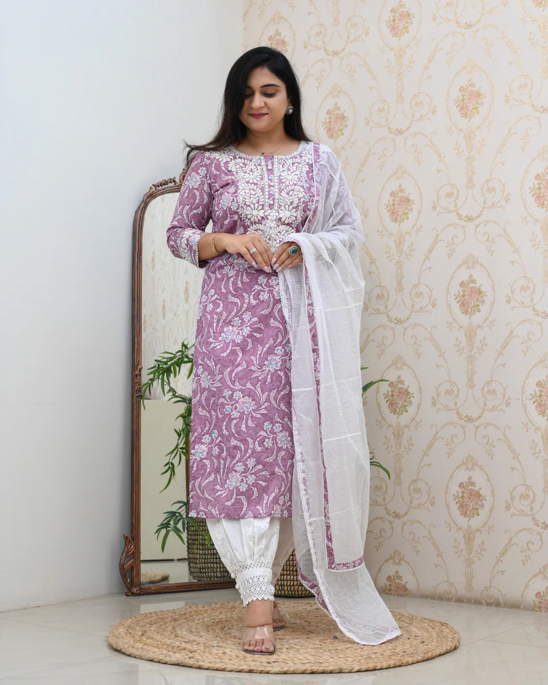 Mul Cotton Floral Lucknowi Gulnar Set - Image 3