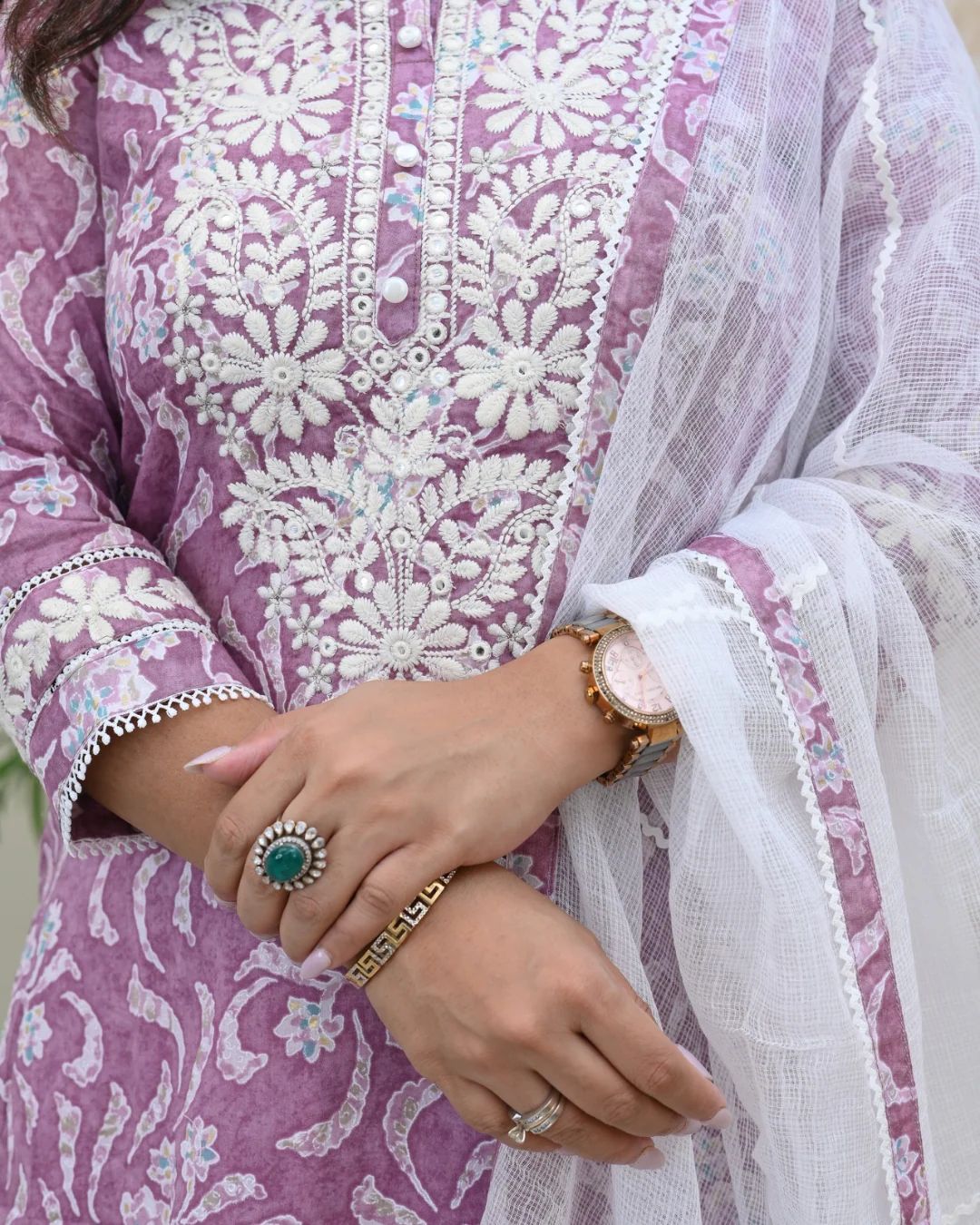 Mul Cotton Floral Lucknowi Gulnar Set - Image 9