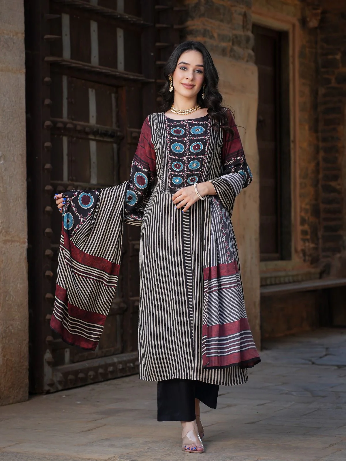 Muslin Batik Print Strips Embrodiered Pant Set - Image 4