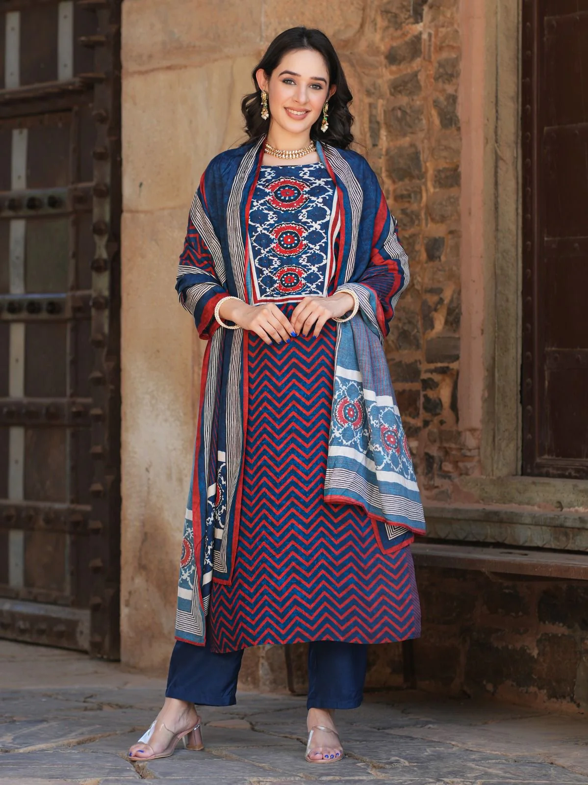 Muslin Batik Print Strips Embrodiered Pant Set - Image 5