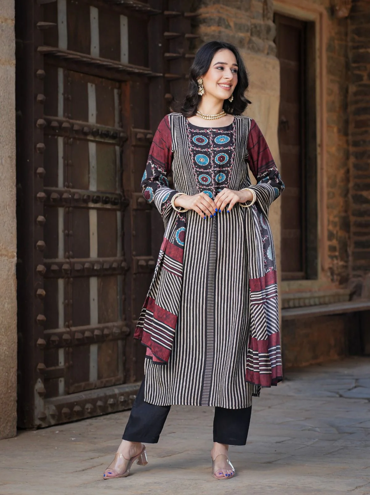 Muslin Batik Print Strips Embrodiered Pant Set - Image 6