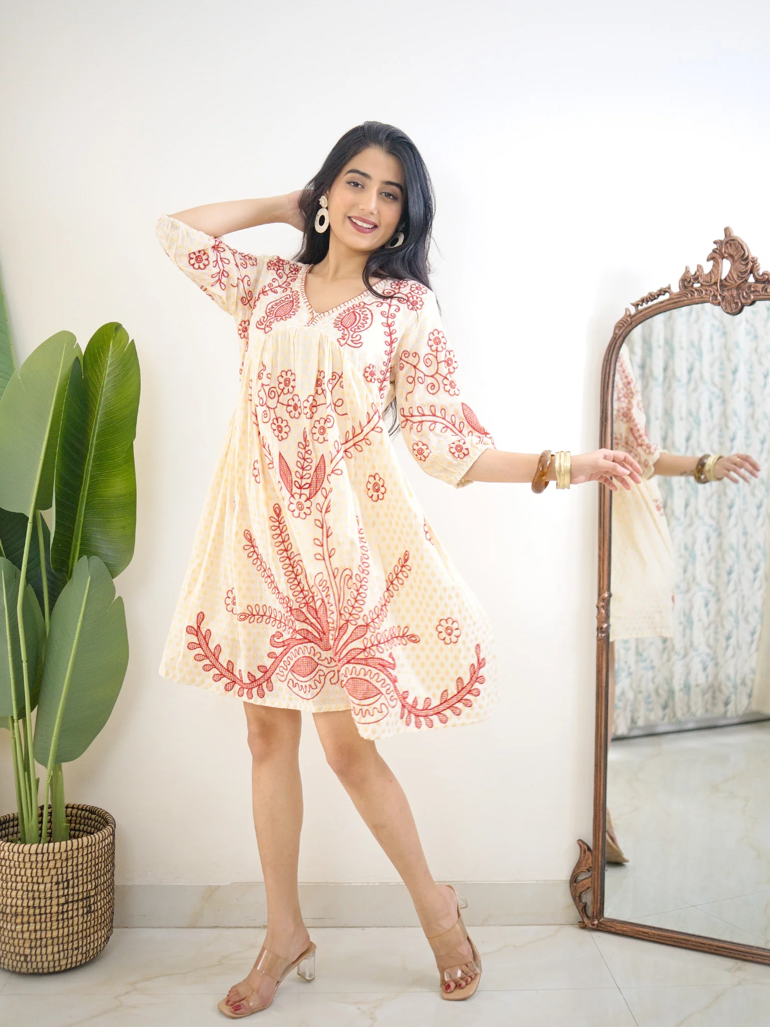 Grace Premium Cotton A-line Embroidered Short Dress - Image 3
