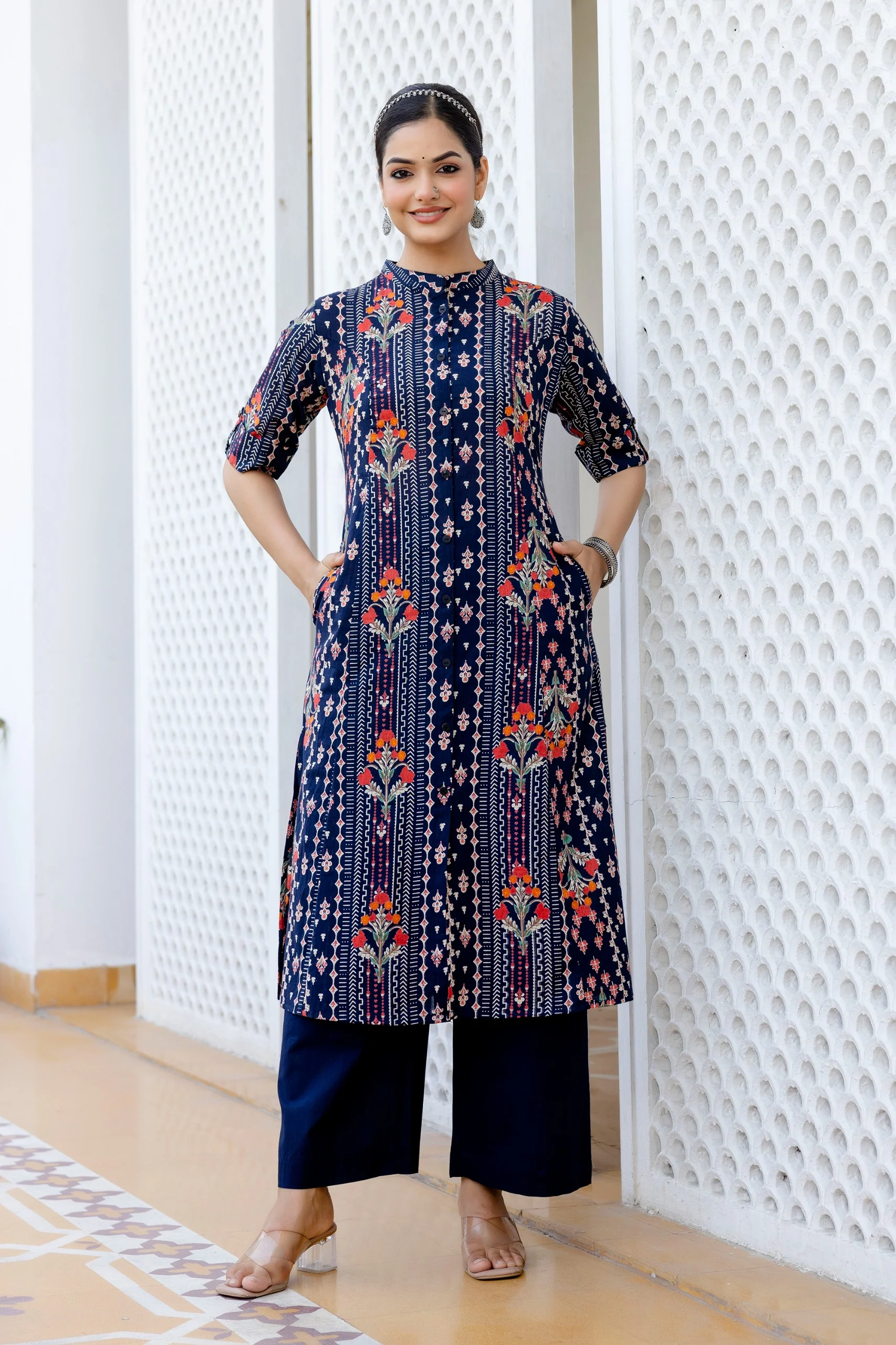 Navy Blue Floral Cotton A-line Coord Set
