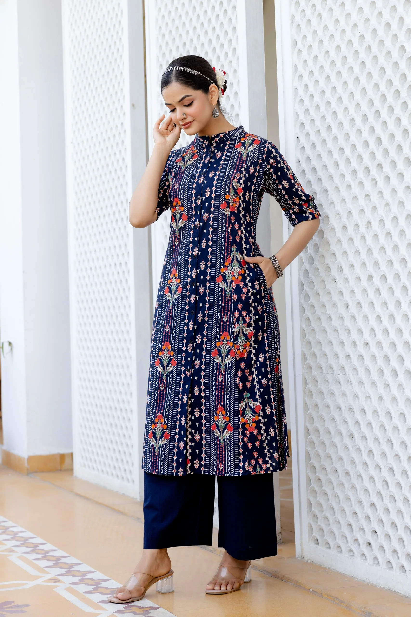 Navy Blue Floral Cotton A-line Coord Set - Image 2