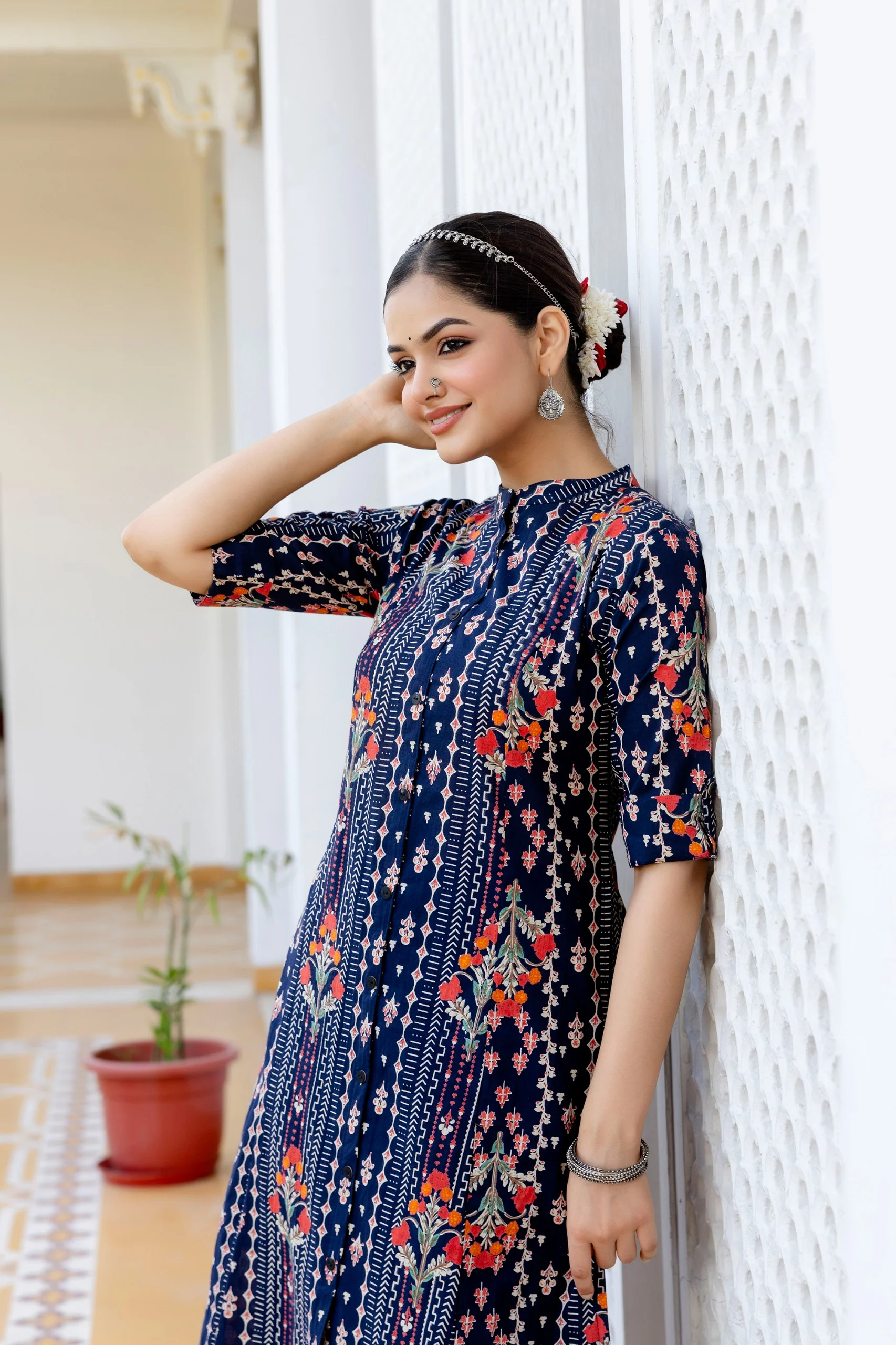 Navy Blue Floral Cotton A-line Coord Set - Image 4