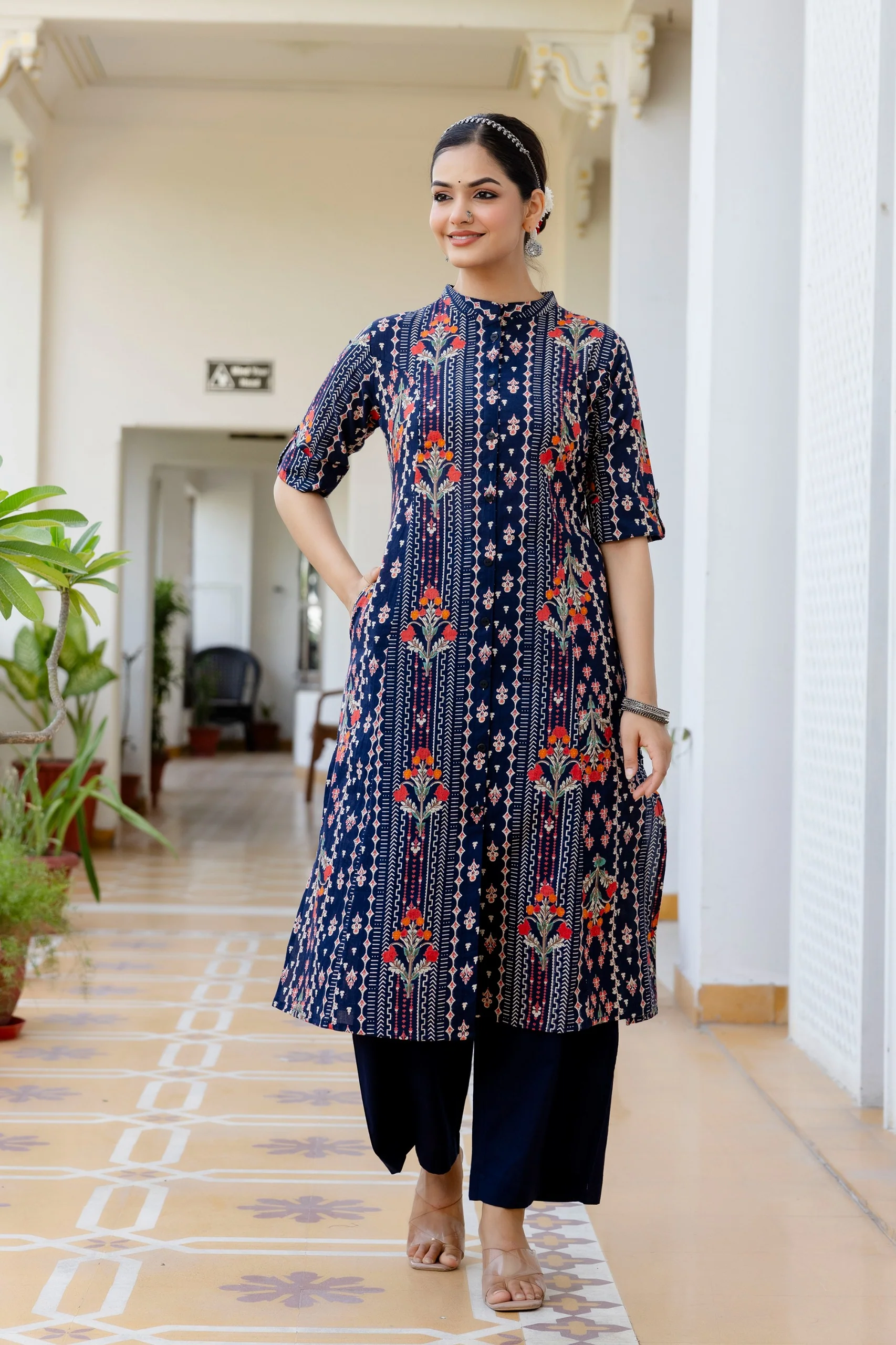 Navy Blue Floral Cotton A-line Coord Set - Image 7