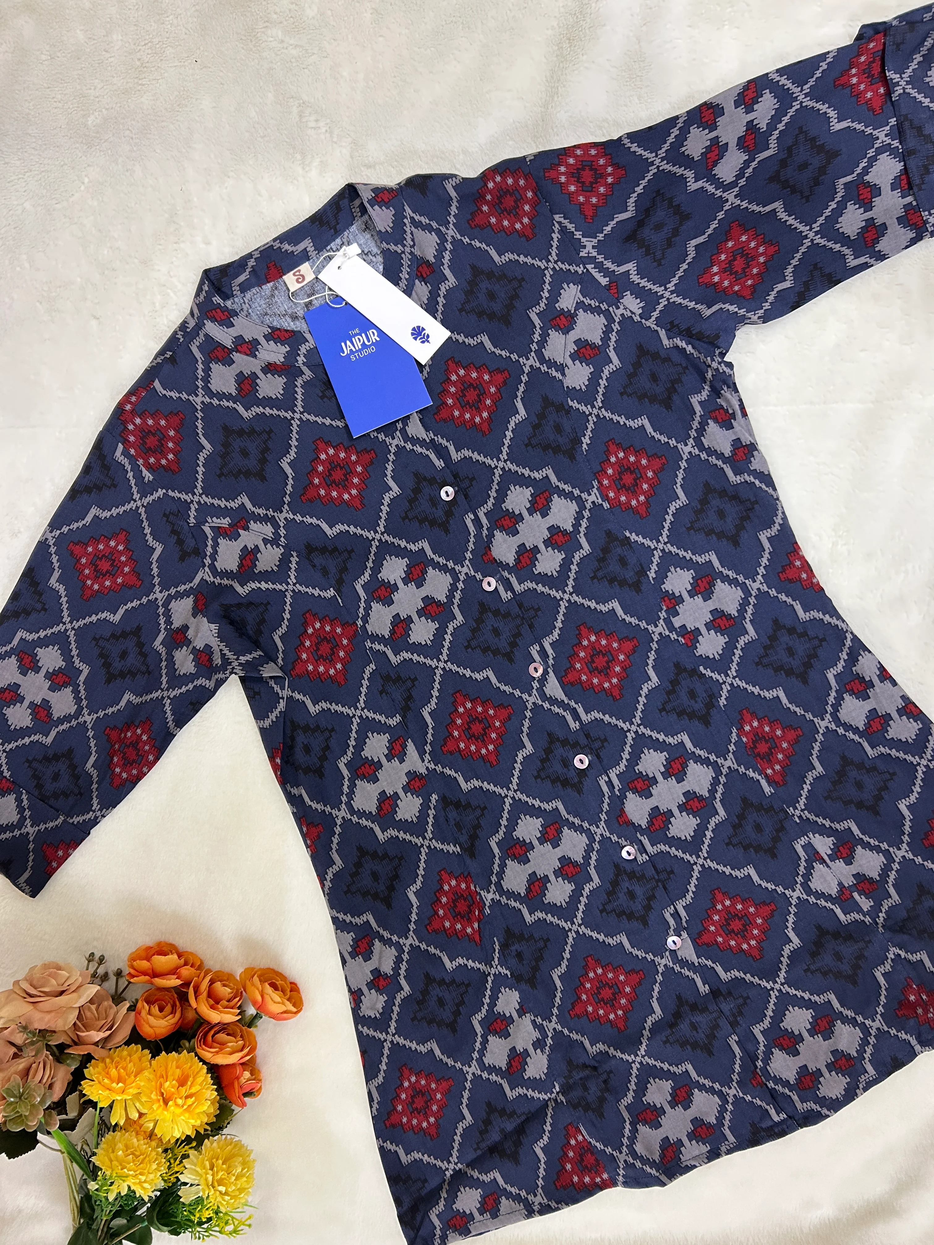 Navy Blue Patola Print Breathable Rayon Casual Short Top - Image 3