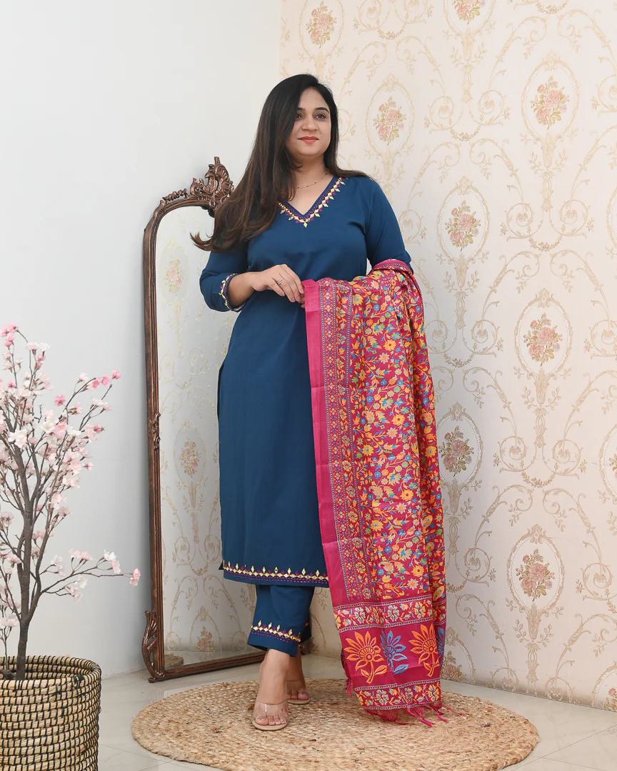 Neelima Blue Cotton Embroidered Pant Set - Image 2