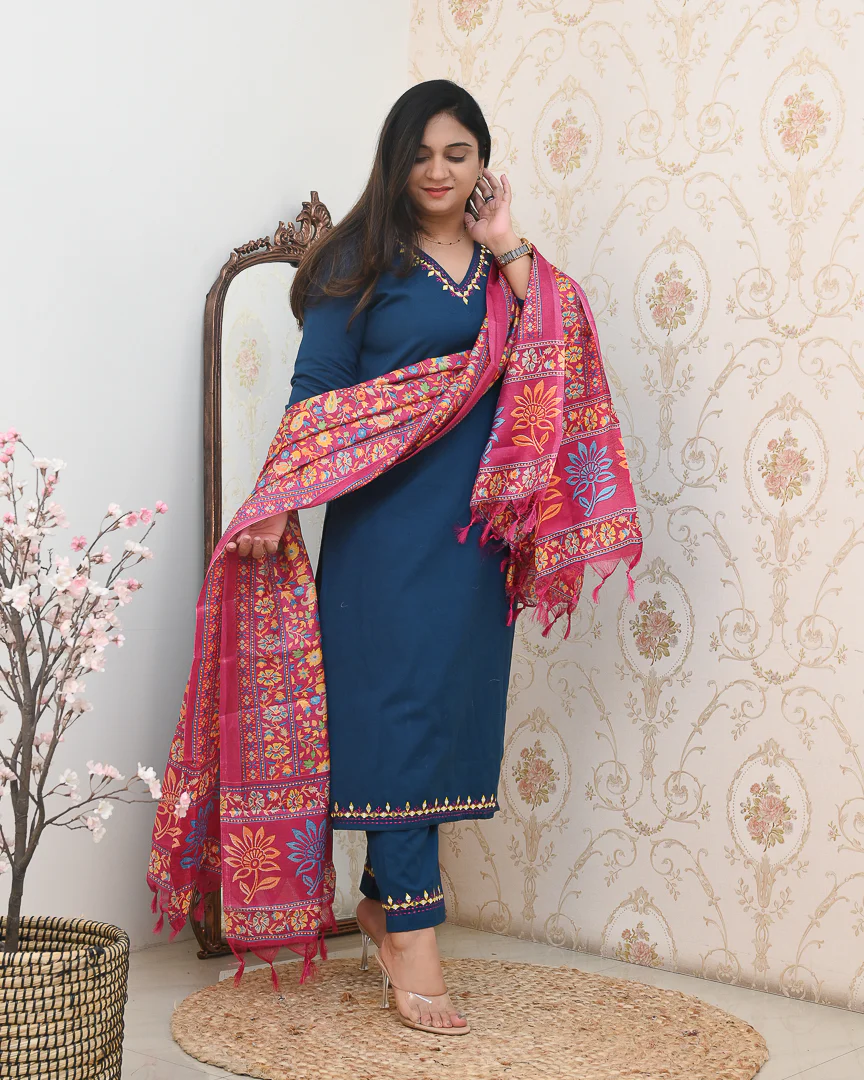 Neelima Blue Cotton Embroidered Pant Set - Image 3