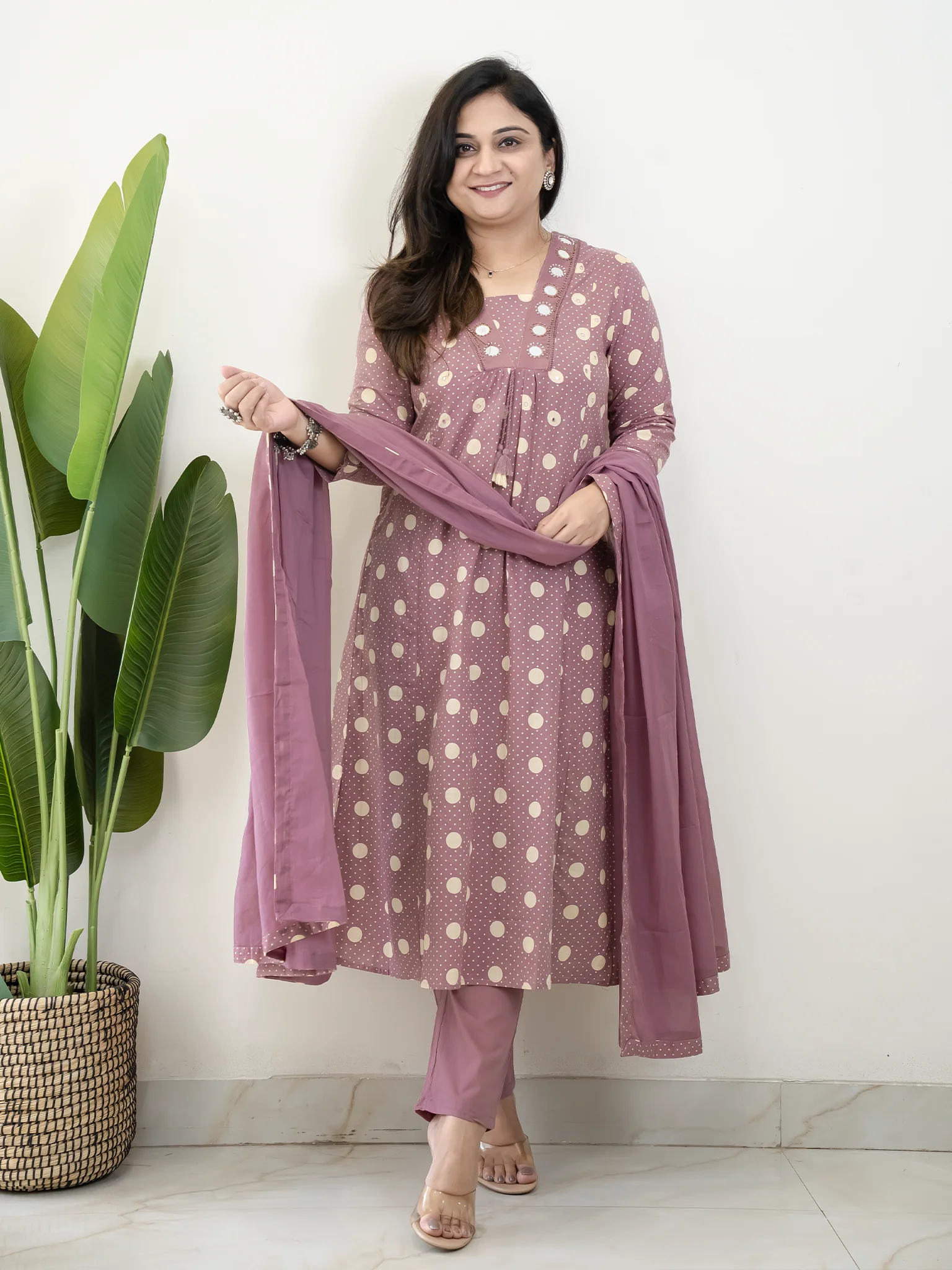 Nisa Mauve Polka Mirror Detailed A-line Dupatta Set - Image 3