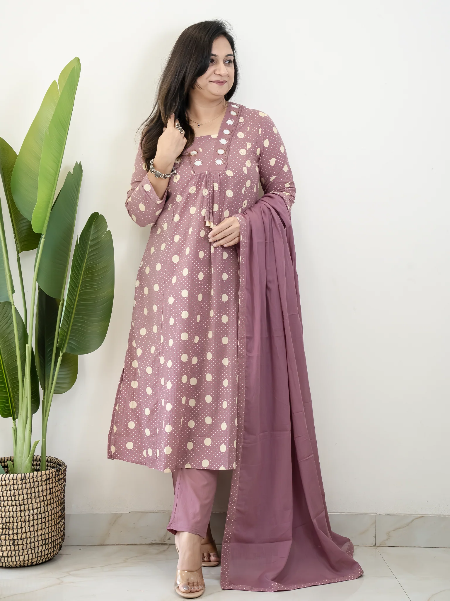 Nisa Mauve Polka Mirror Detailed A-line Dupatta Set - Image 9