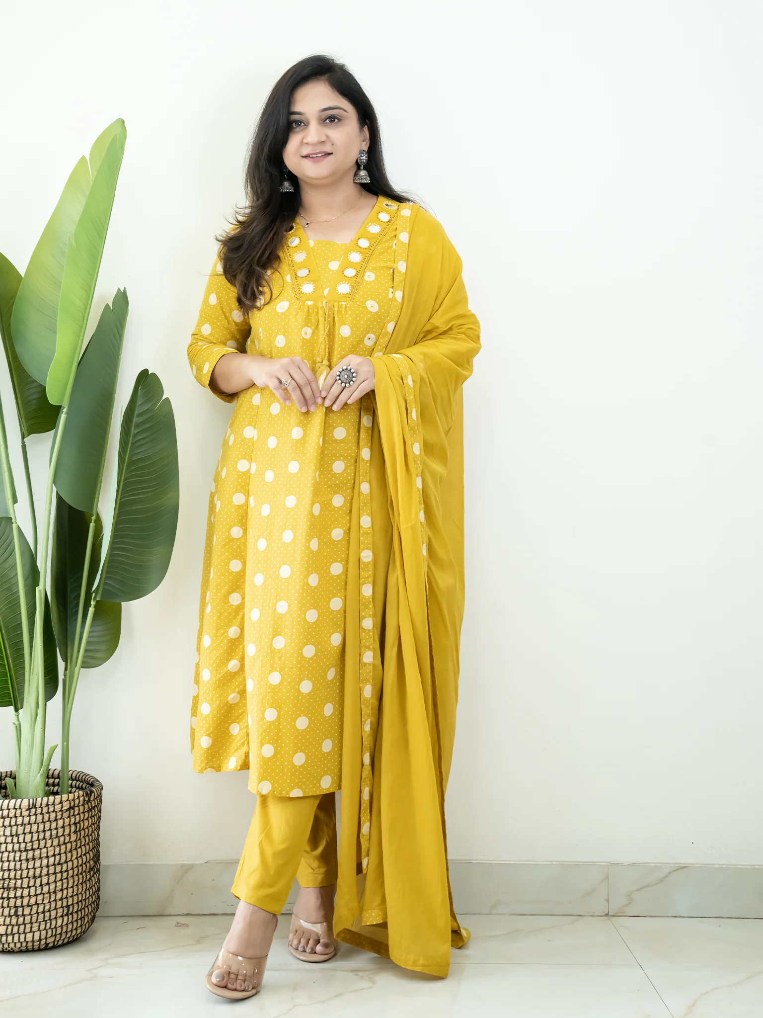 Nisa Yellow Polka Mirror Detailed A-line Dupatta Set - Image 8