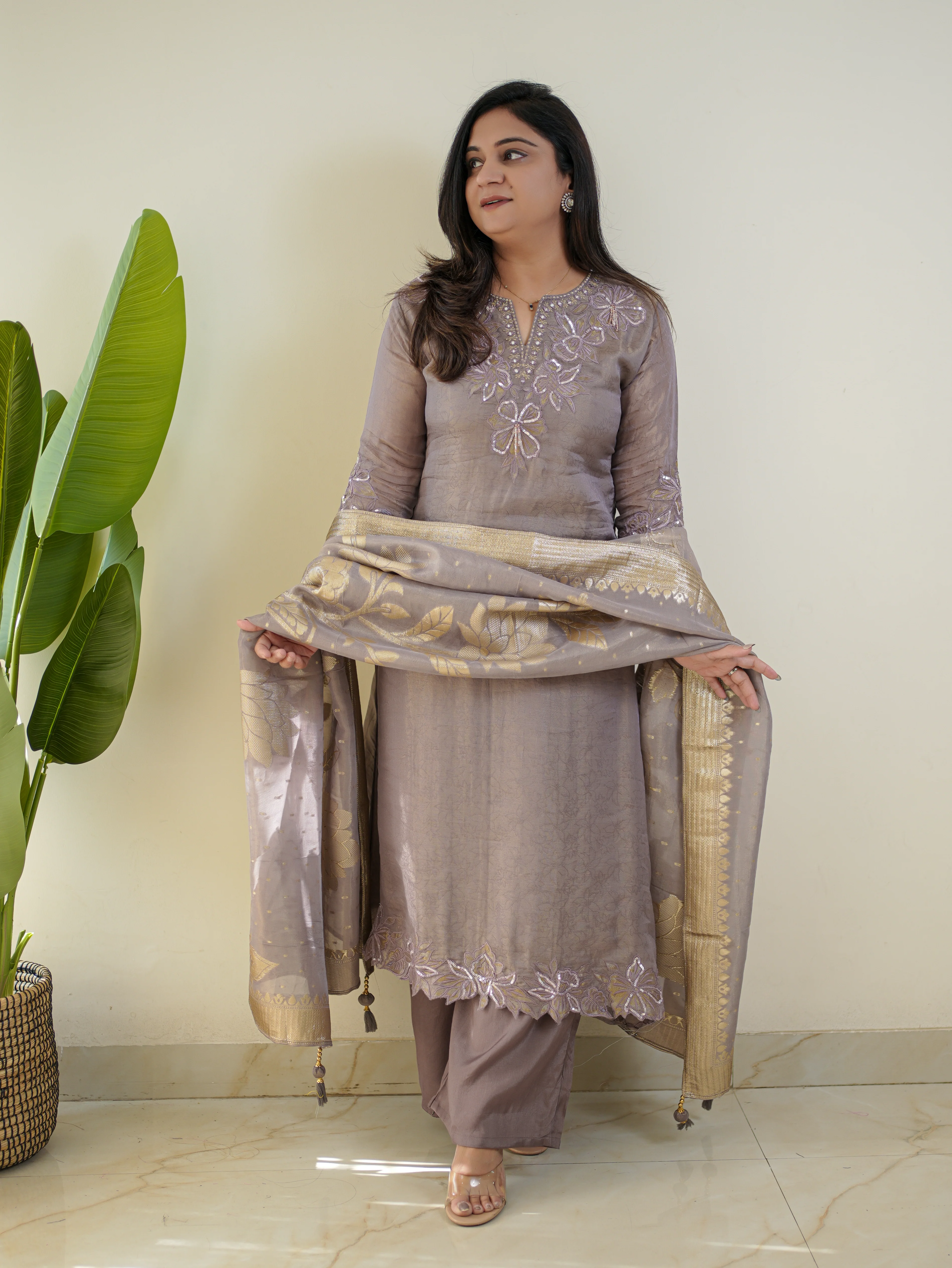 Noor Grey Asymmetric Shimmer Tissue HandEmbroidered Pant Set - Image 5