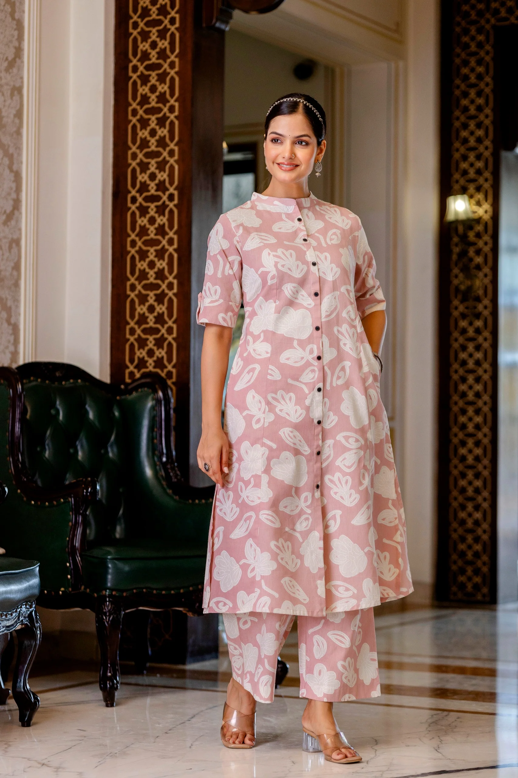 Peach Floral Cotton A-line Coord Set