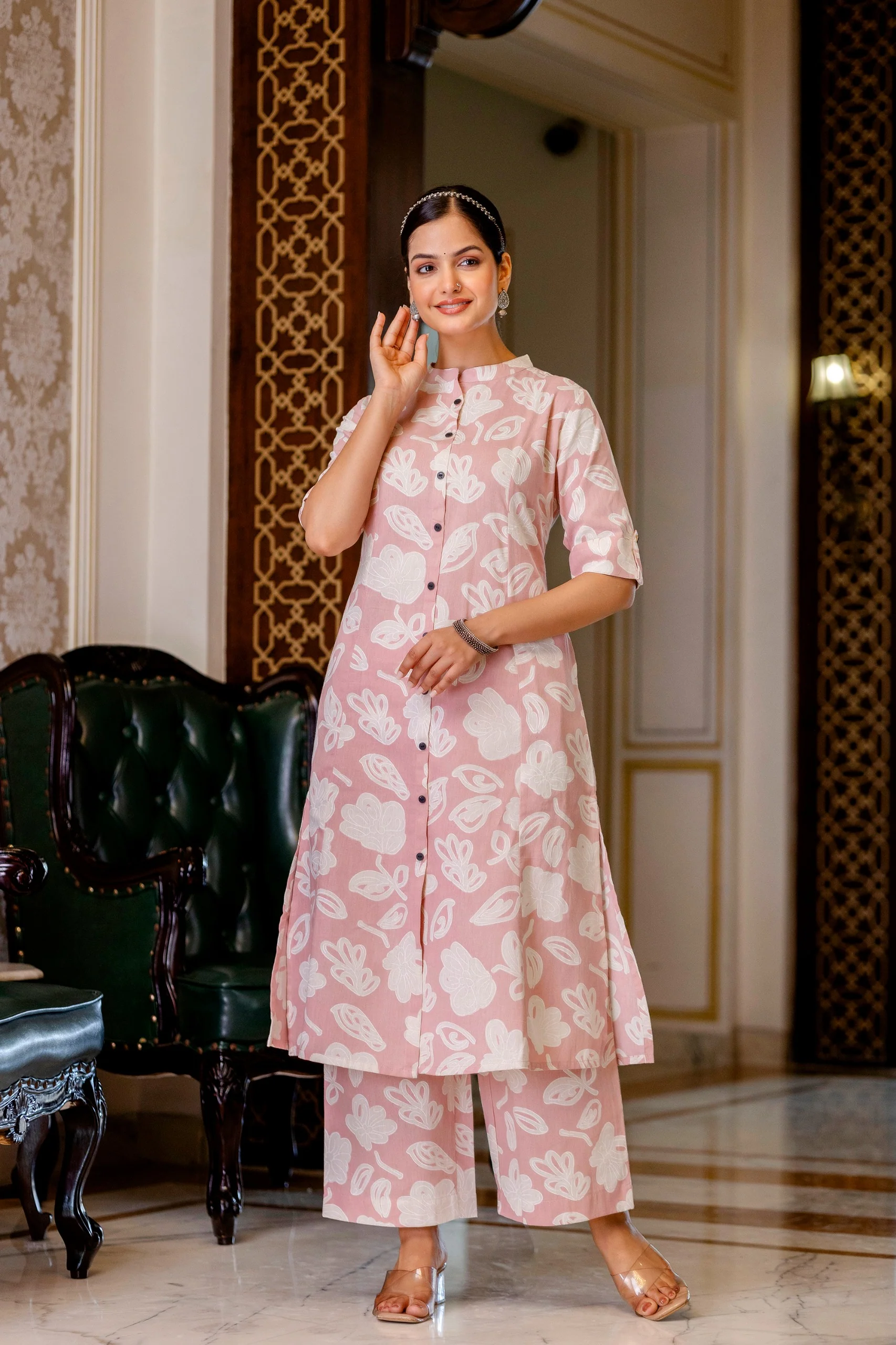 Peach Floral Cotton A-line Coord Set - Image 2