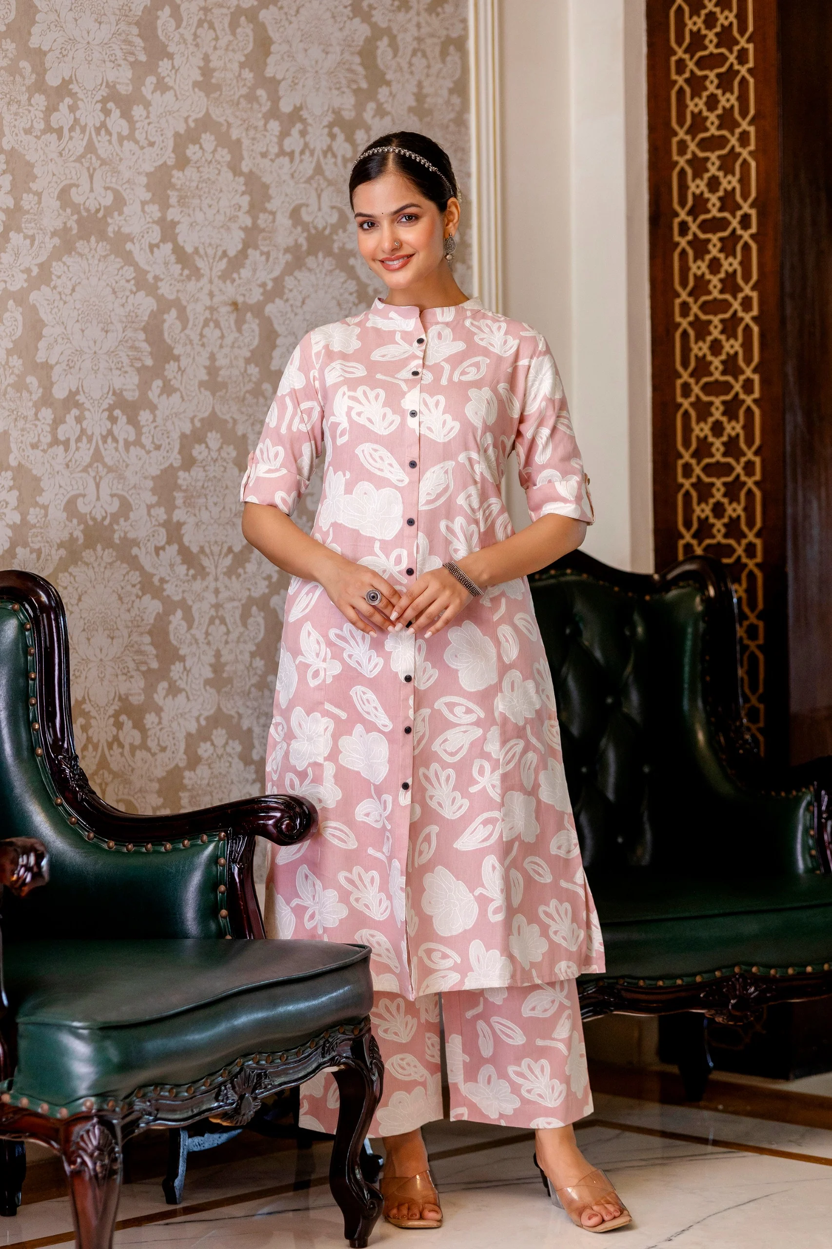 Peach Floral Cotton A-line Coord Set - Image 4