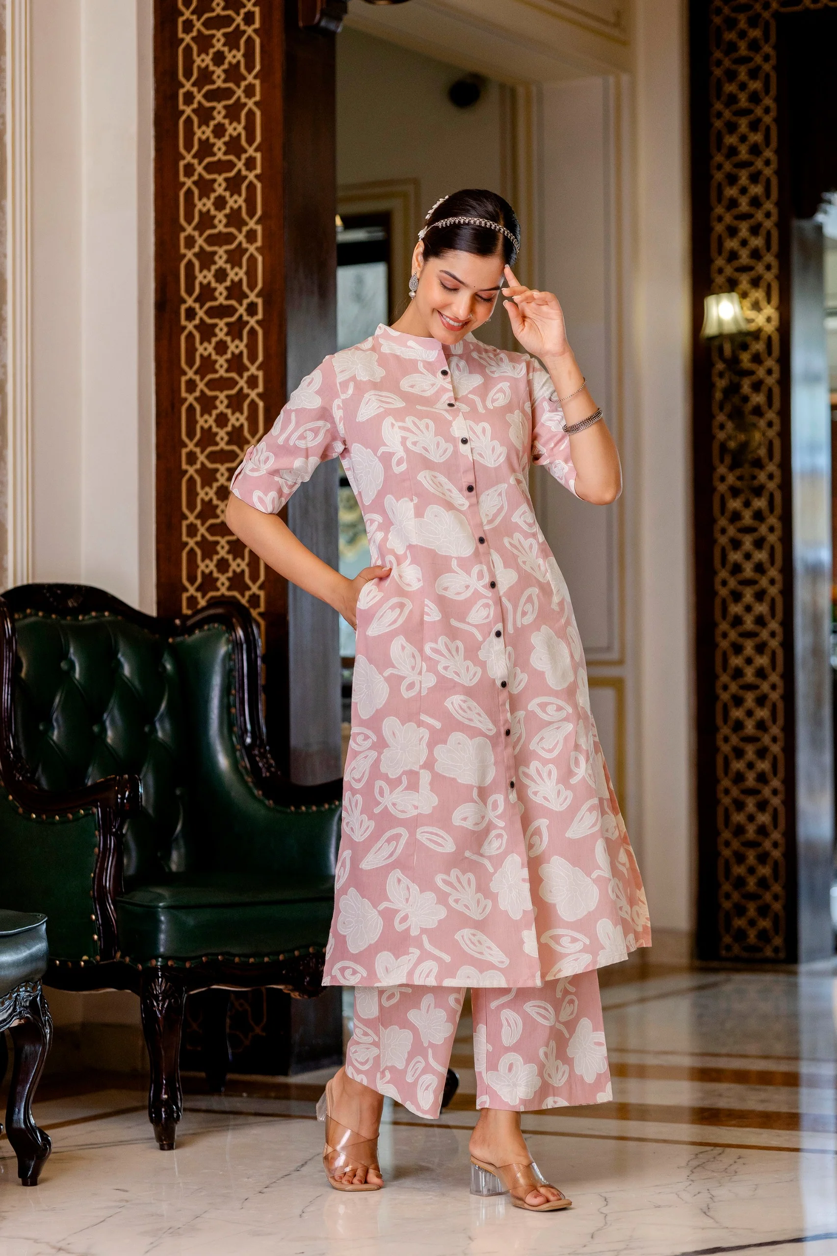 Peach Floral Cotton A-line Coord Set - Image 5