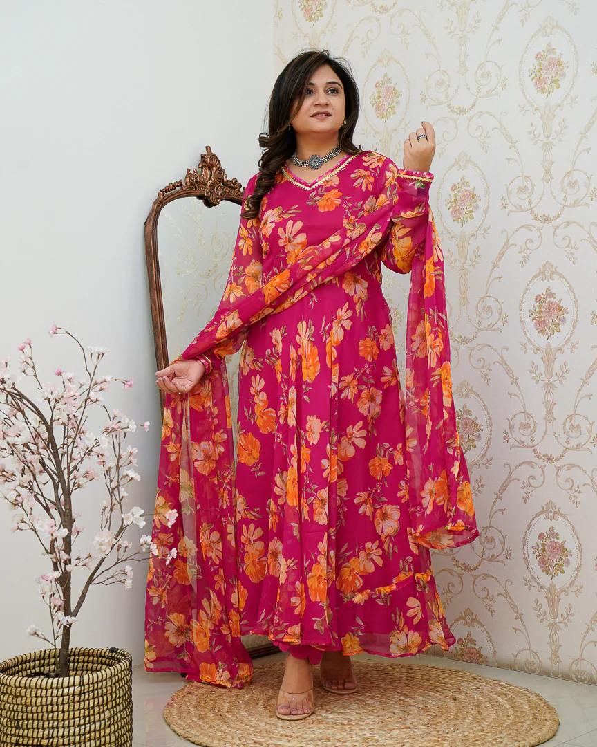 Pink Poppy Floral Chiffon Anarkali Set - Image 3