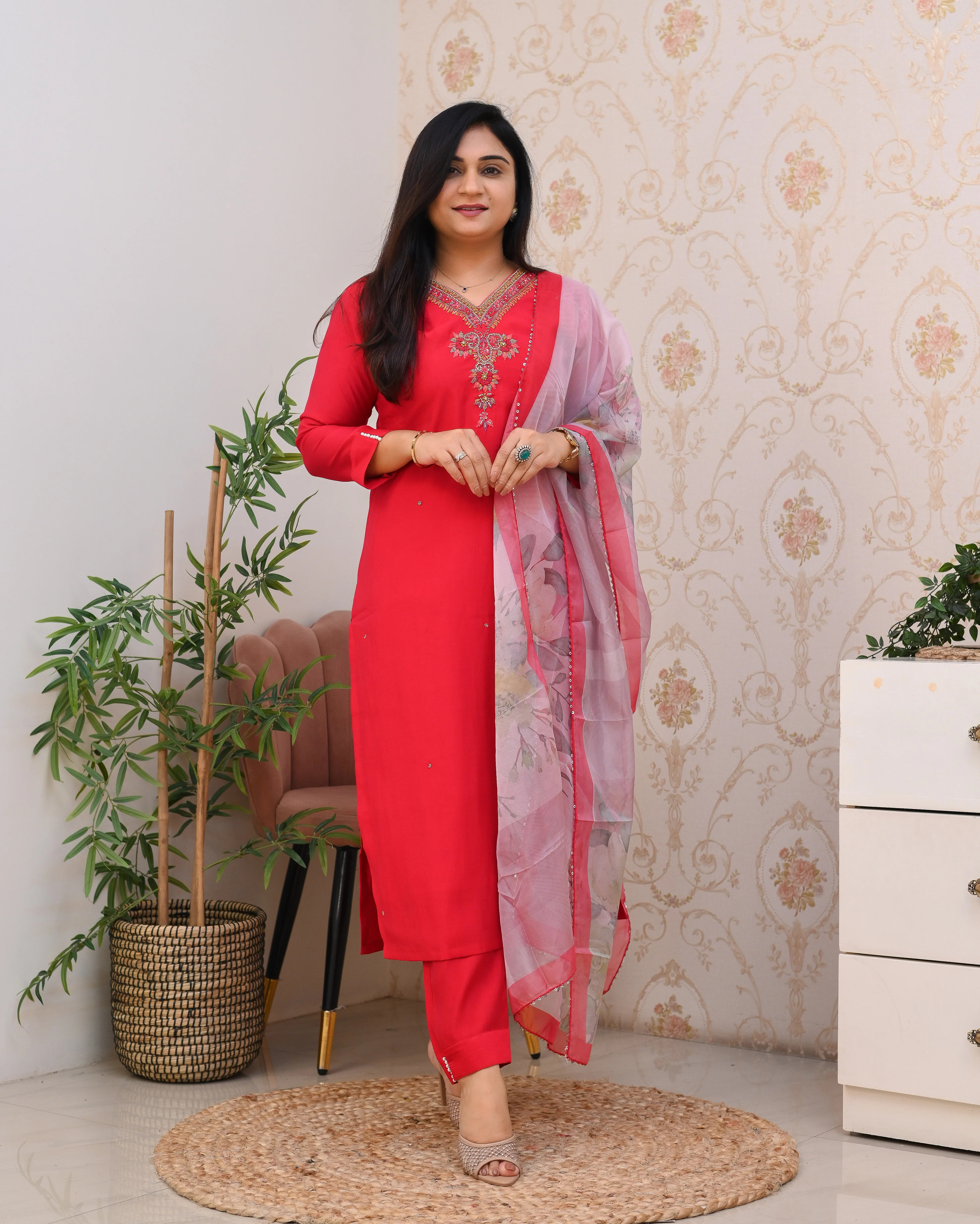 Pink Silk Hand embroidered Pant Set - Image 3