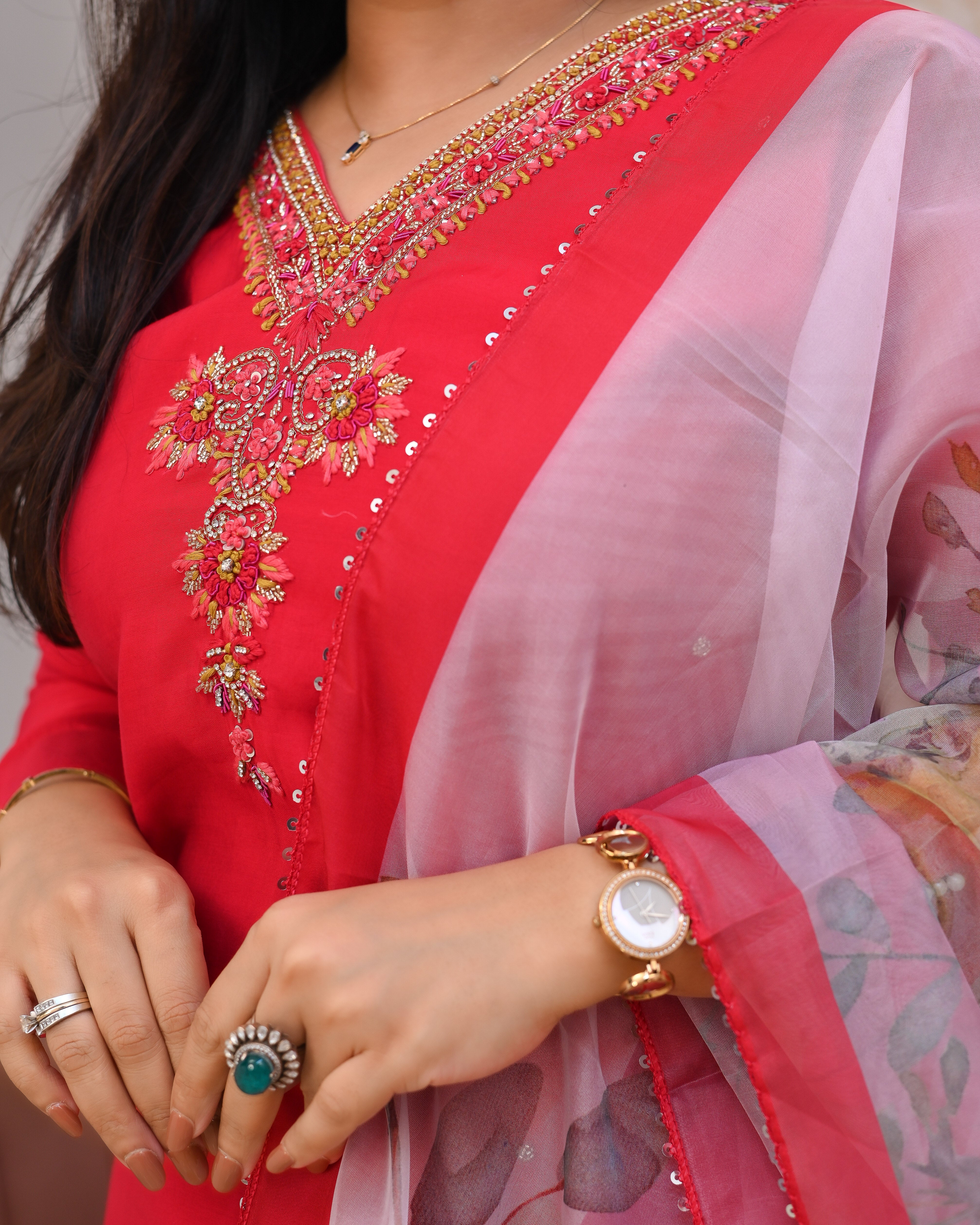 Pink Silk Hand embroidered Pant Set - Image 6