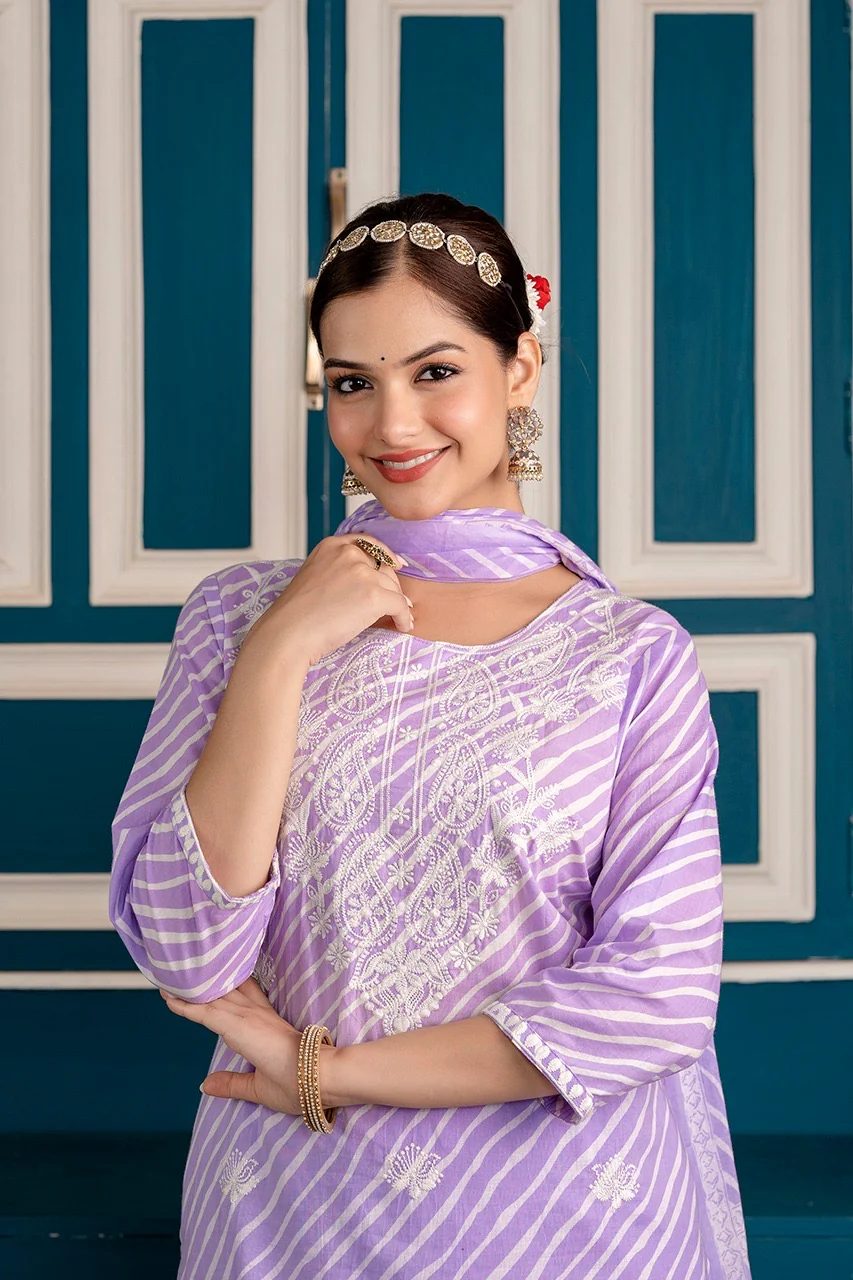 Premium Cotton Leheriya Embroidered Pant Set - Image 12
