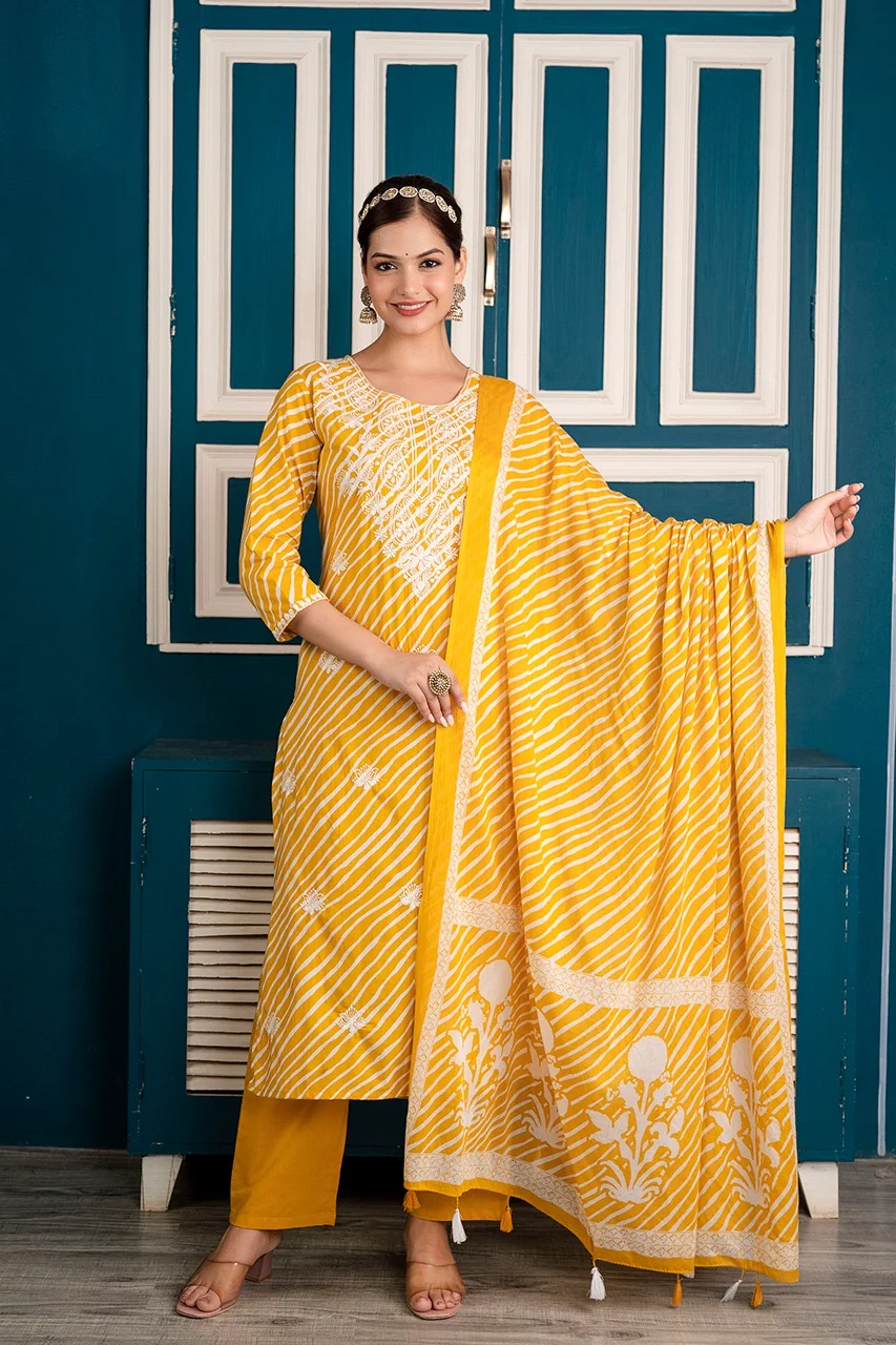 Premium Cotton Leheriya Embroidered Pant Set - Image 5