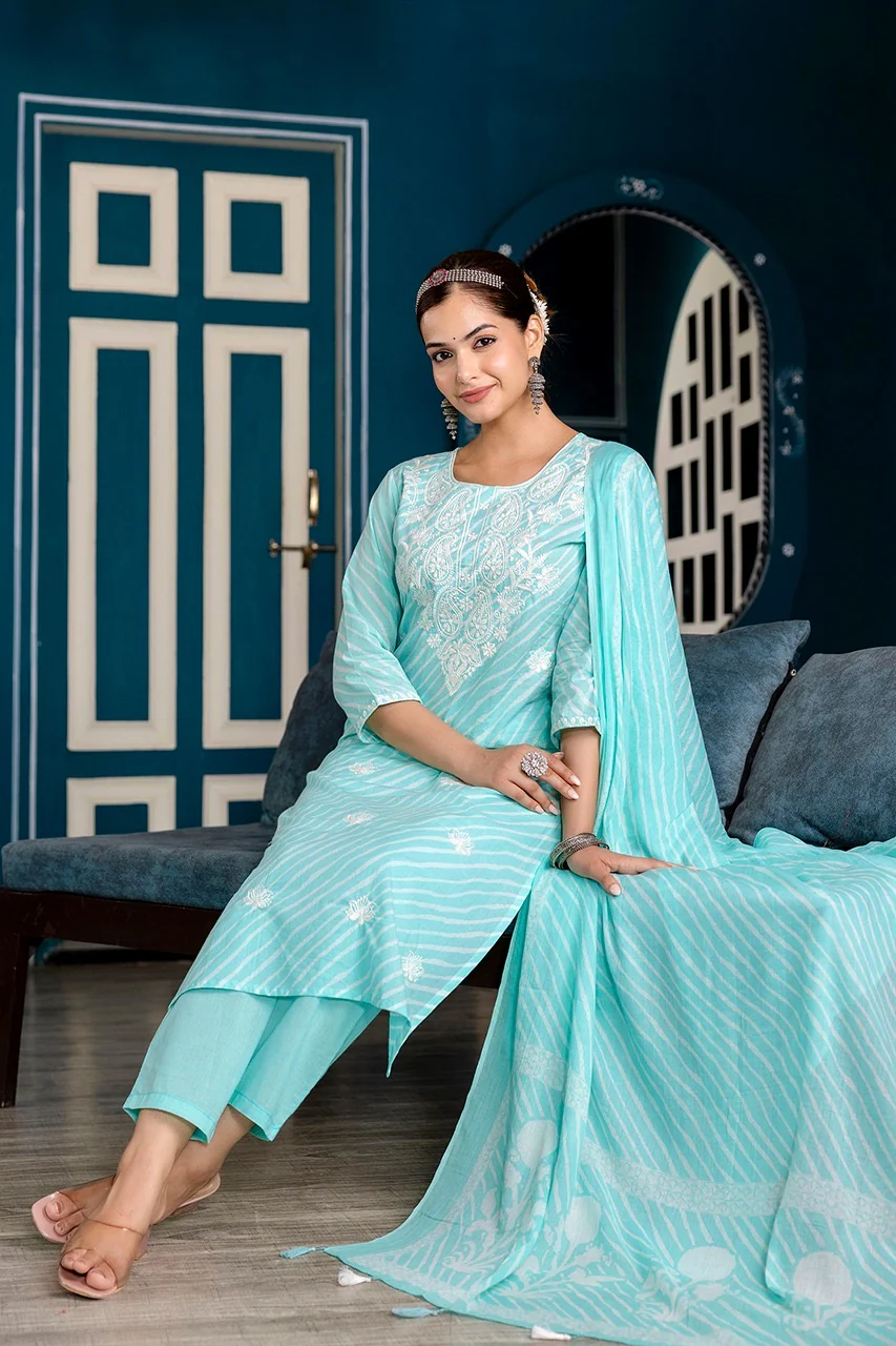 Premium Cotton Leheriya Embroidered Pant Set - Image 8