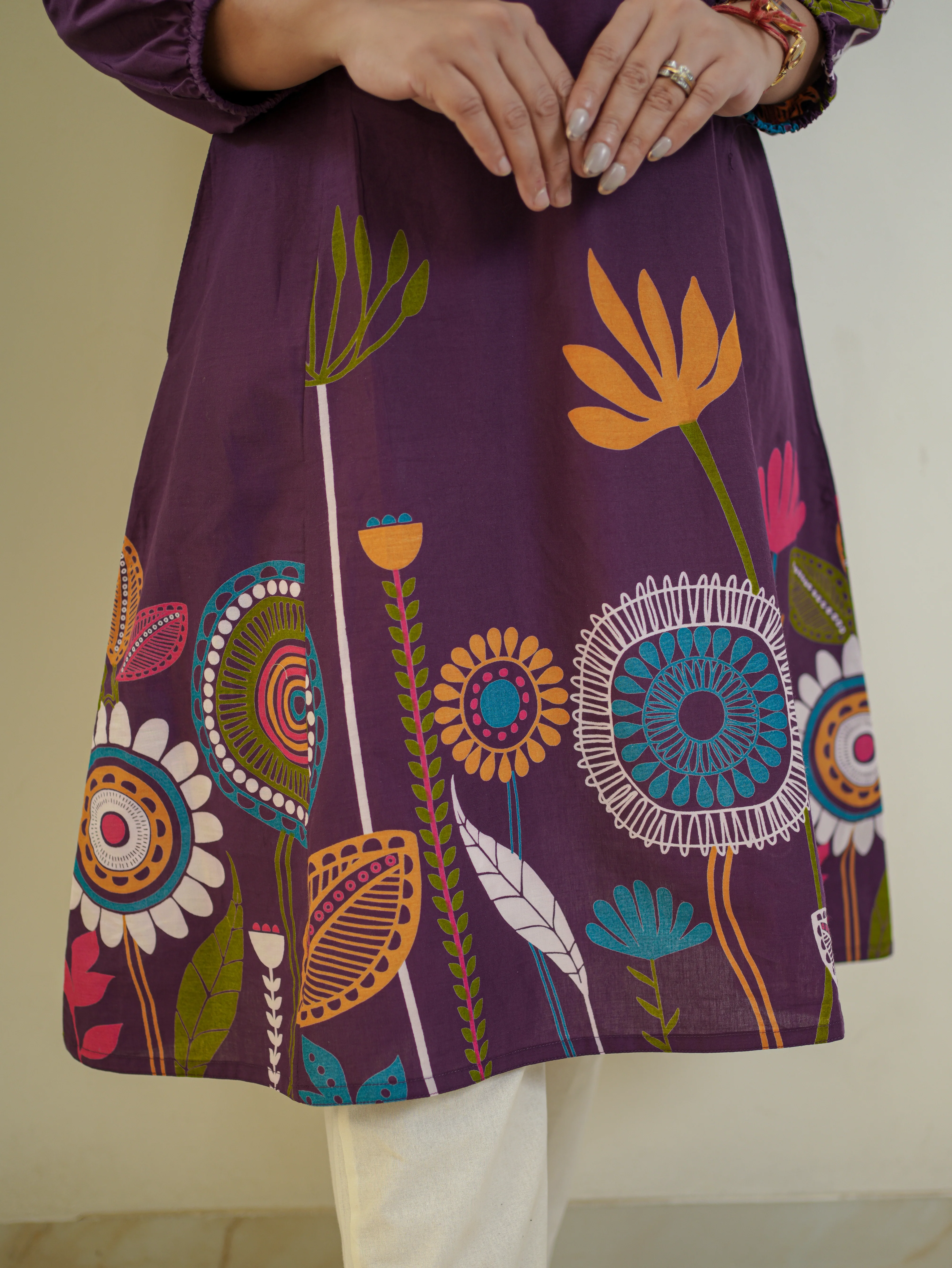 Reva Purple Cotton Floral A-line Kurta - Image 4
