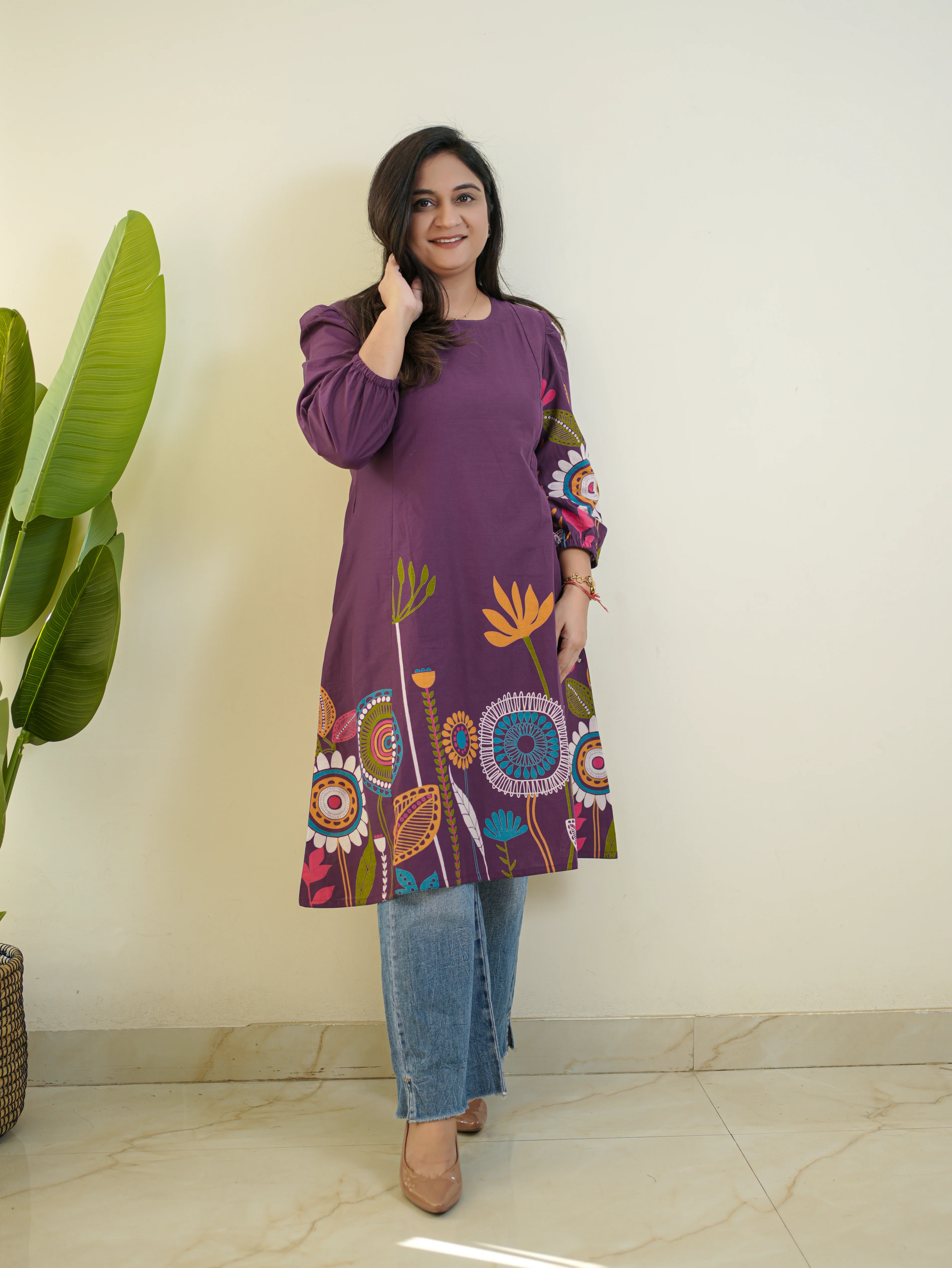 Reva Purple Cotton Floral A-line Kurta - Image 7