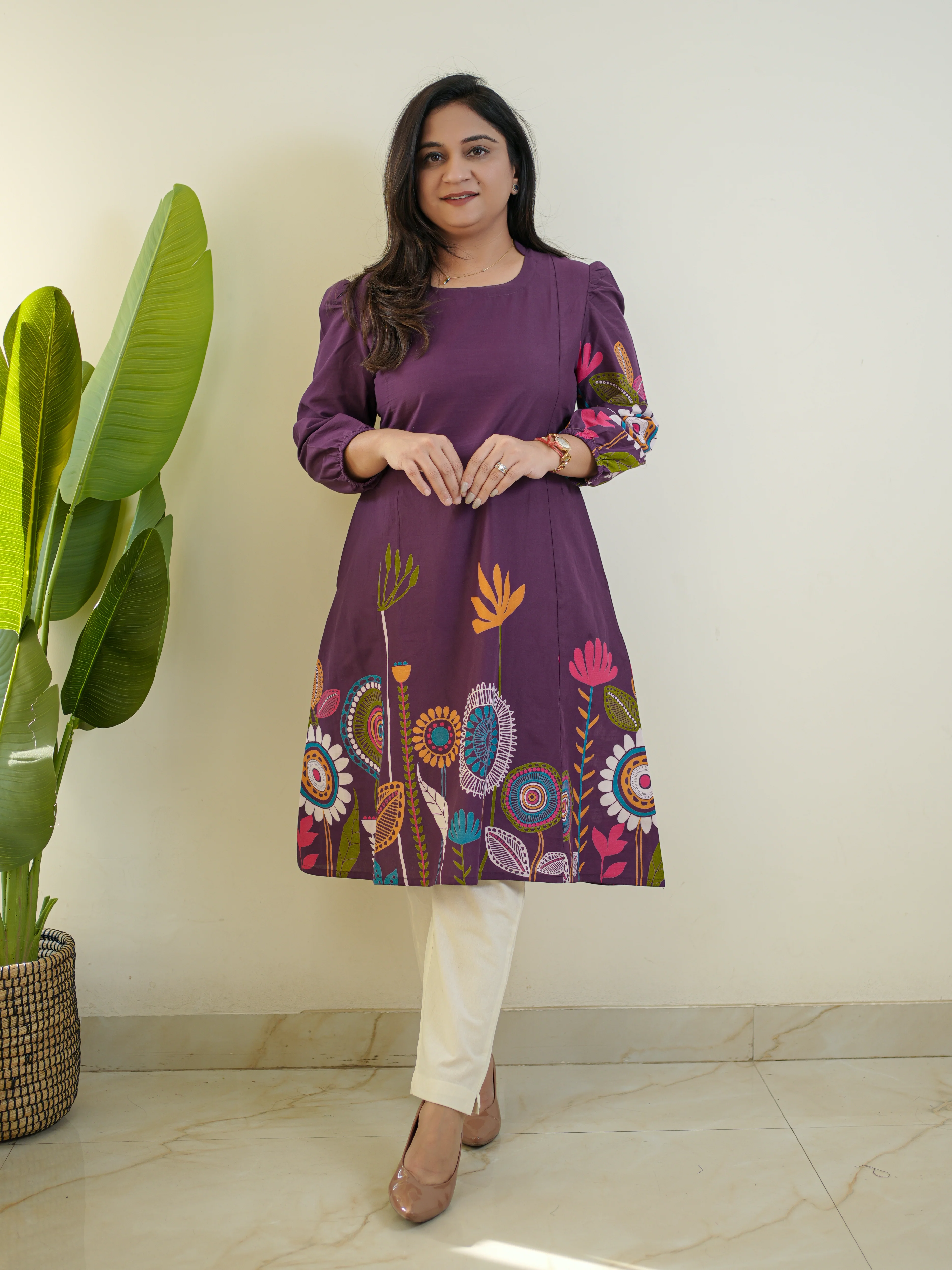 Reva Purple Cotton Floral A-line Kurta - Image 8