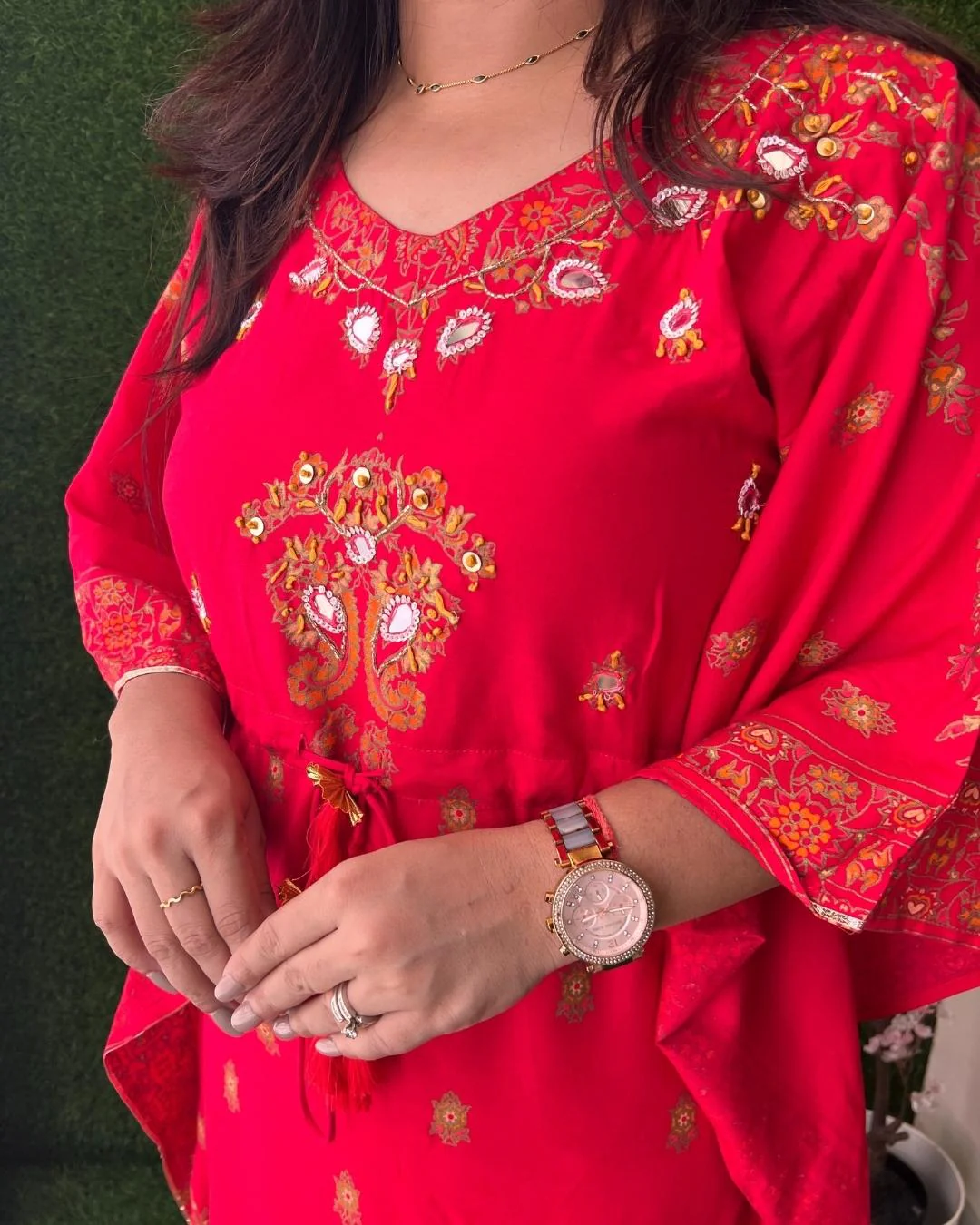 Rayon Red Color Hand Embroidered kaftaan Pant Set - Image 3