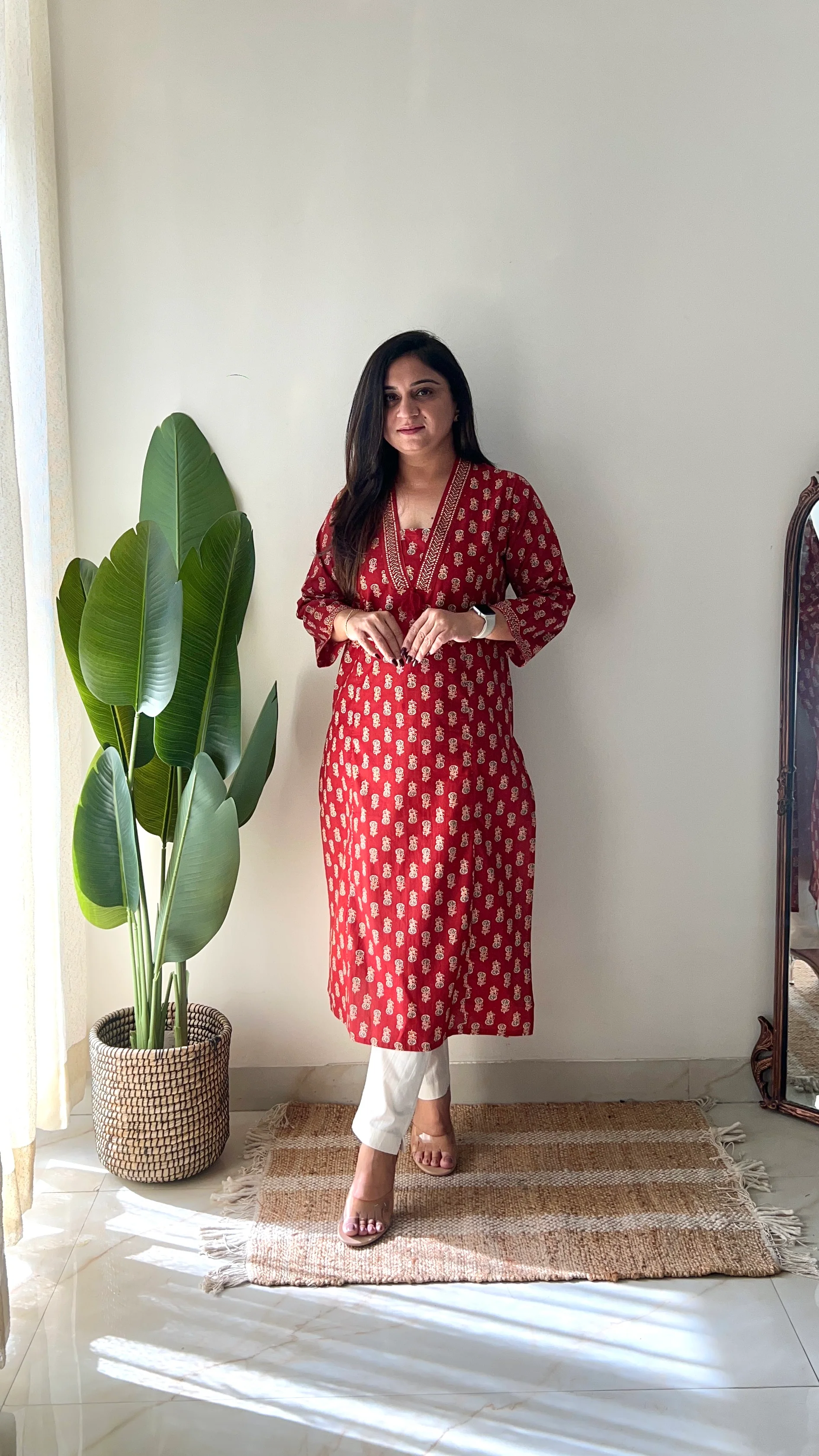 Red Ajrakh Casual Cotton Straight Kurta