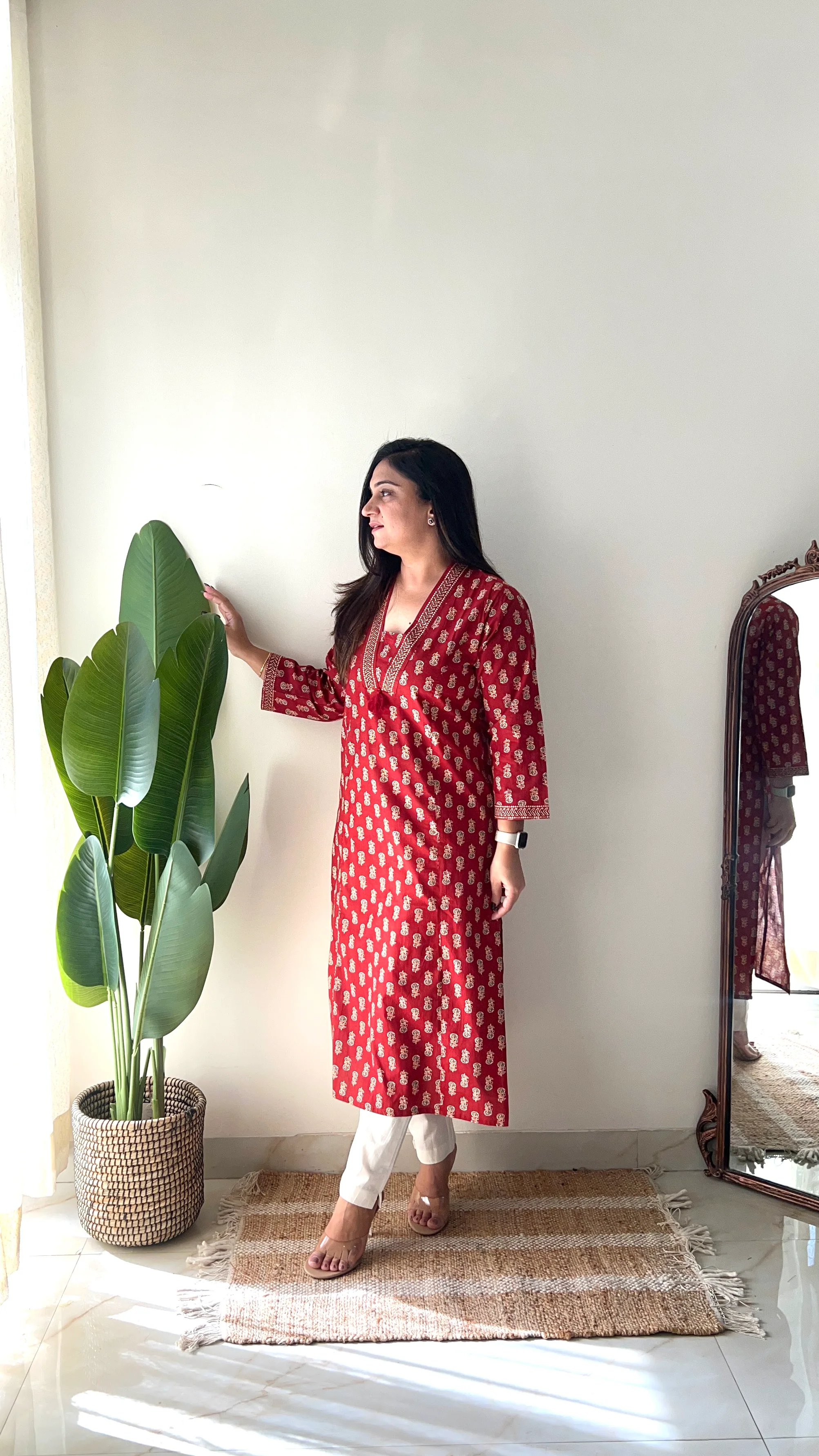 Red Ajrakh Casual Cotton Straight Kurta - Image 6