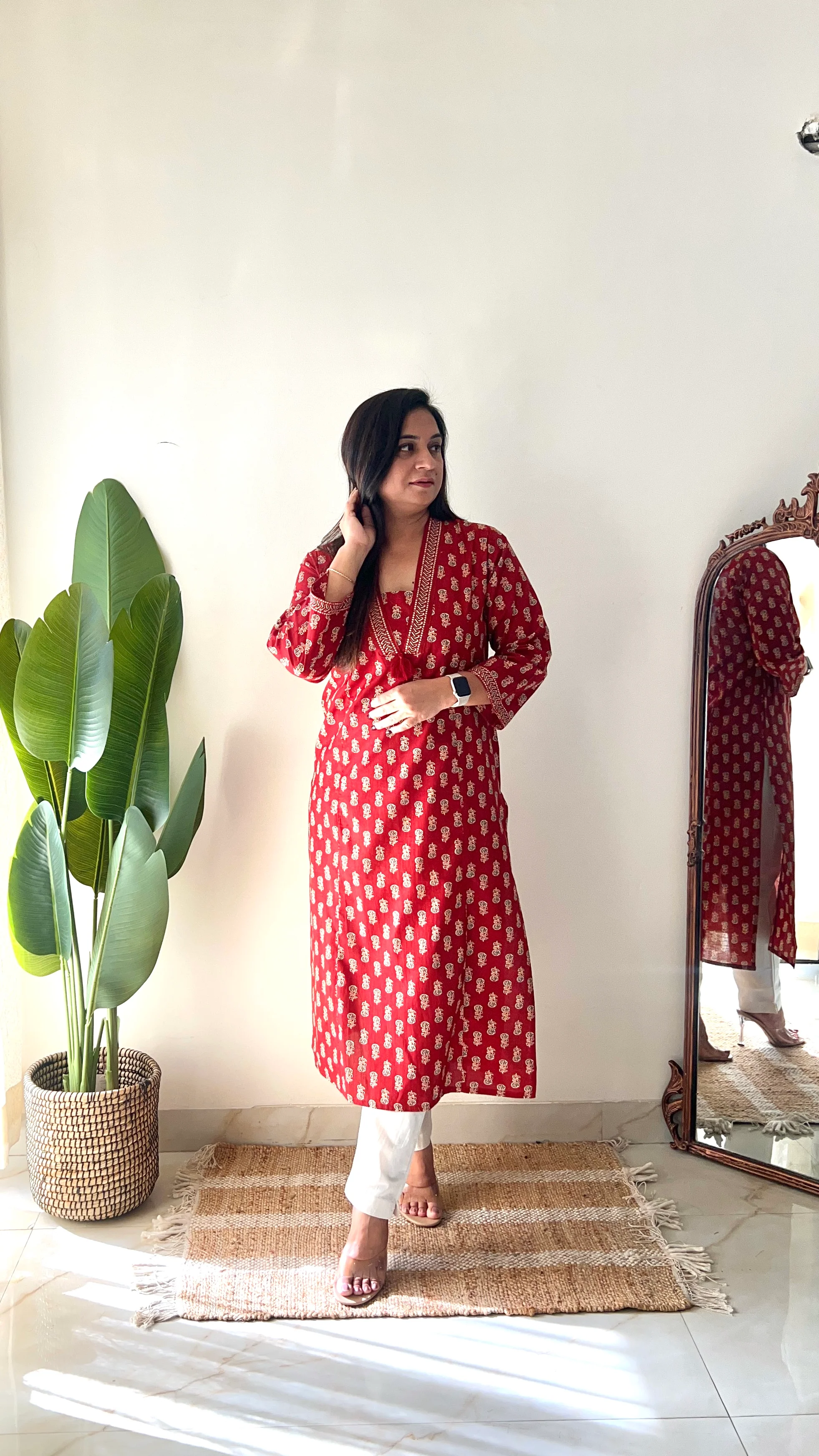 Red Ajrakh Casual Cotton Straight Kurta - Image 8