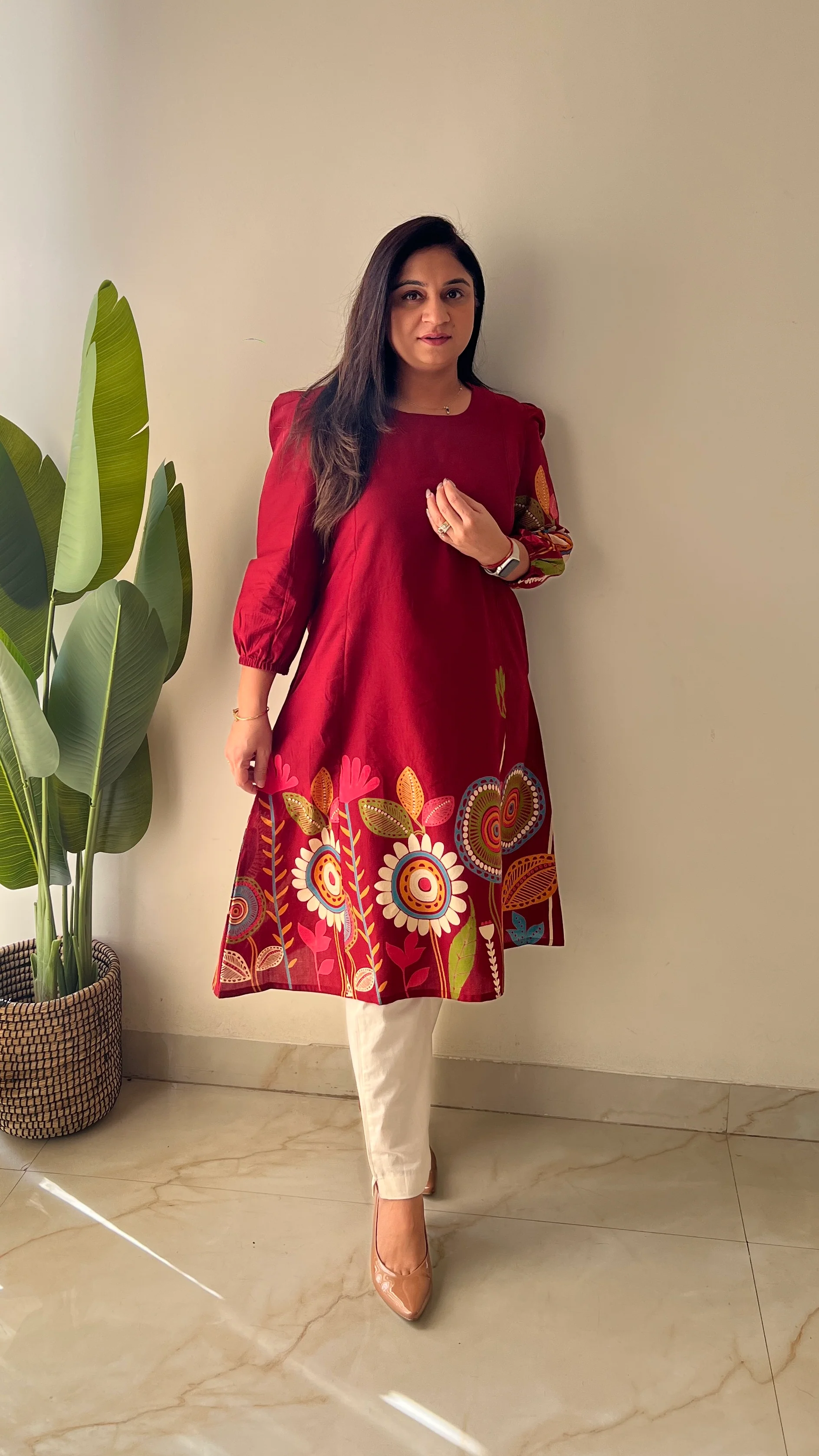 Reva Red Cotton Floral A-line Kurta - Image 2