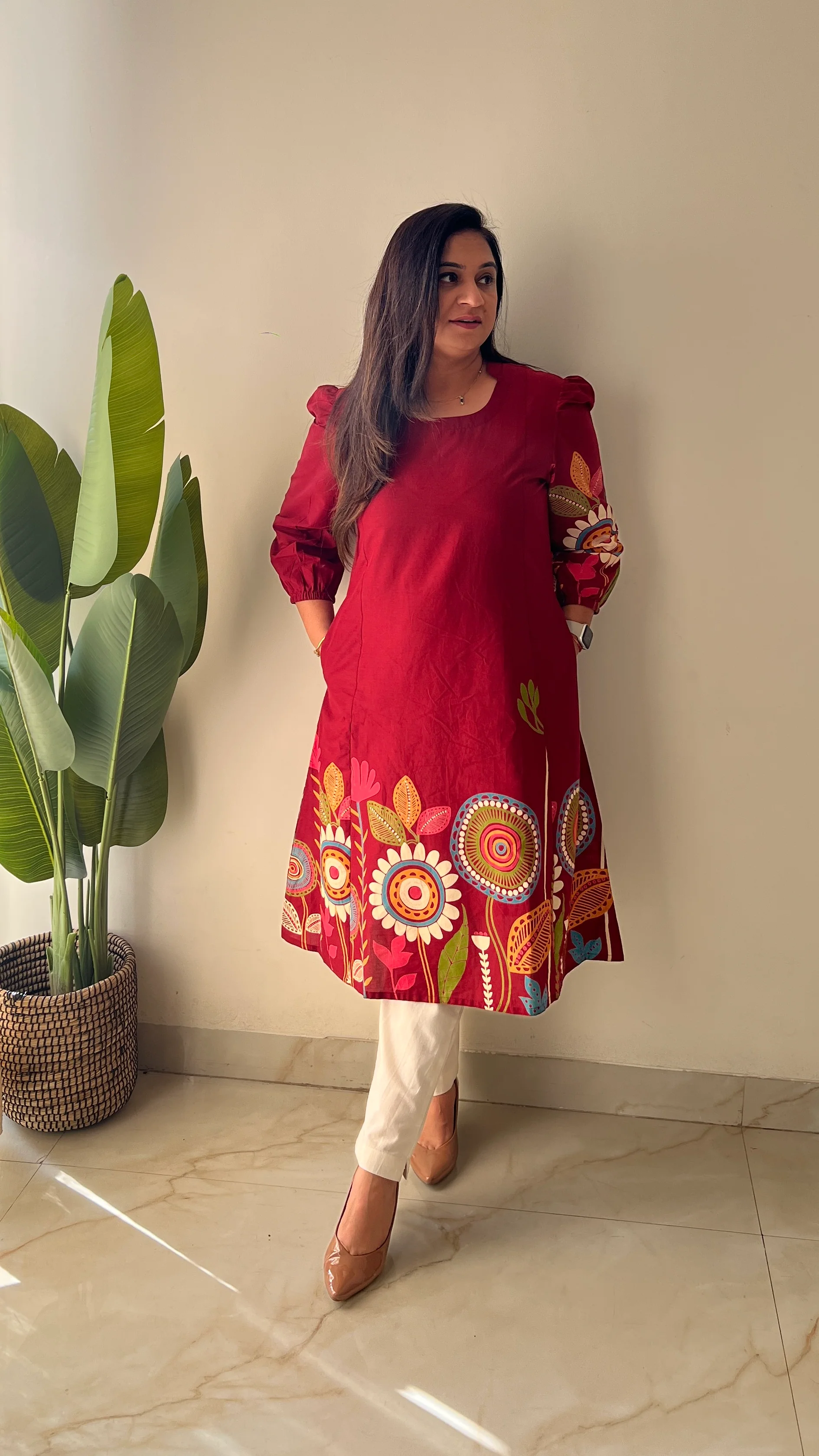 Reva Red Cotton Floral A-line Kurta - Image 3